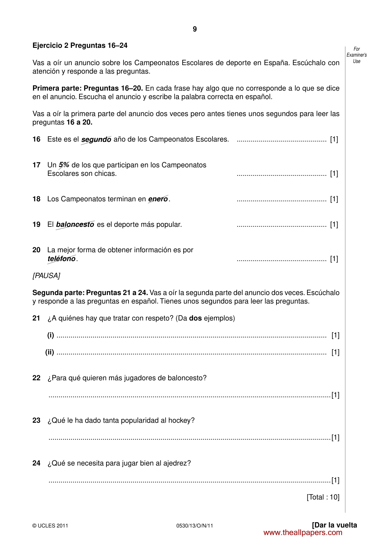 Cambridge IGCSE Spanish - Foreign Language 0530 2011 Oct/Nov Paper 1 · Variant 3 question paper, page 9 of 16