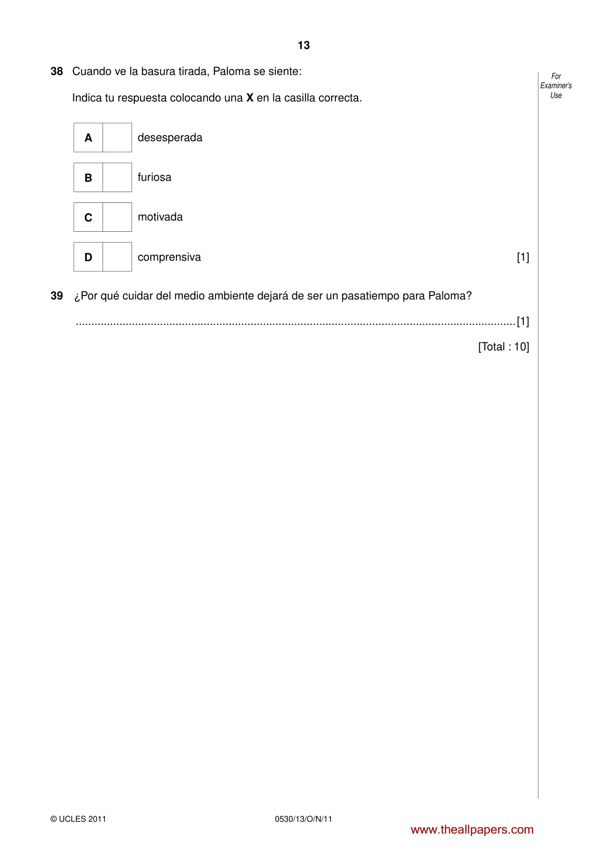 Cambridge IGCSE Spanish - Foreign Language 0530 2011 Oct/Nov Paper 1 · Variant 3 question paper, page 13 of 16