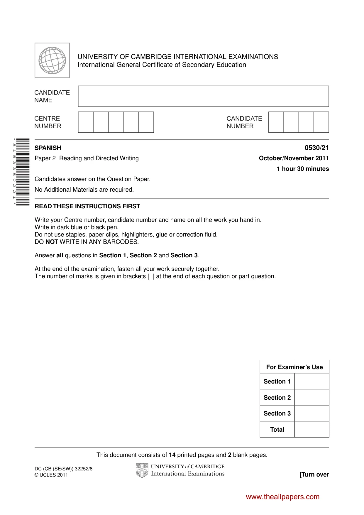 Cambridge IGCSE Spanish - Foreign Language 0530 2011 Oct/Nov Paper 2 · Variant 1 question paper, page 1 of 16