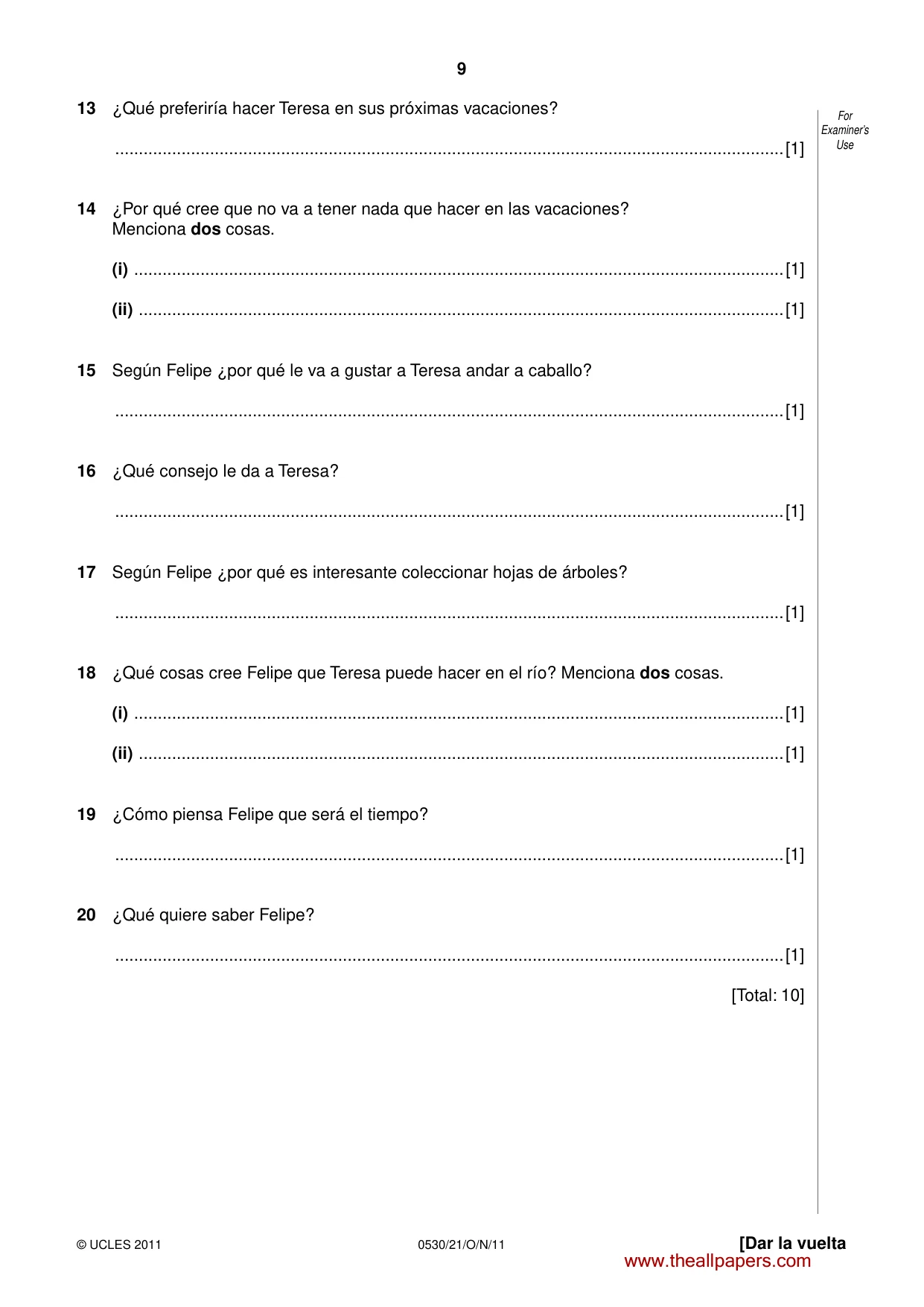 Cambridge IGCSE Spanish - Foreign Language 0530 2011 Oct/Nov Paper 2 · Variant 1 question paper, page 9 of 16