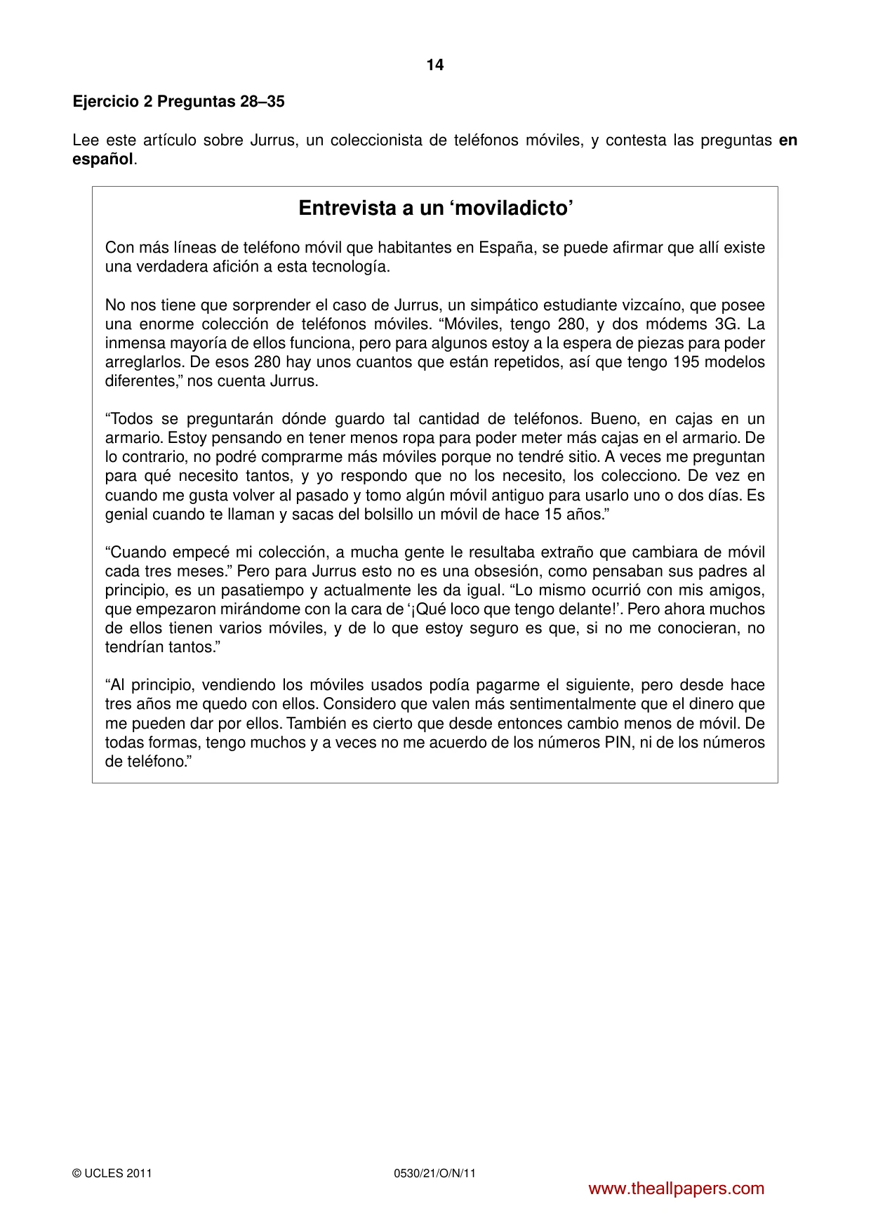 Cambridge IGCSE Spanish - Foreign Language 0530 2011 Oct/Nov Paper 2 · Variant 1 question paper, page 14 of 16