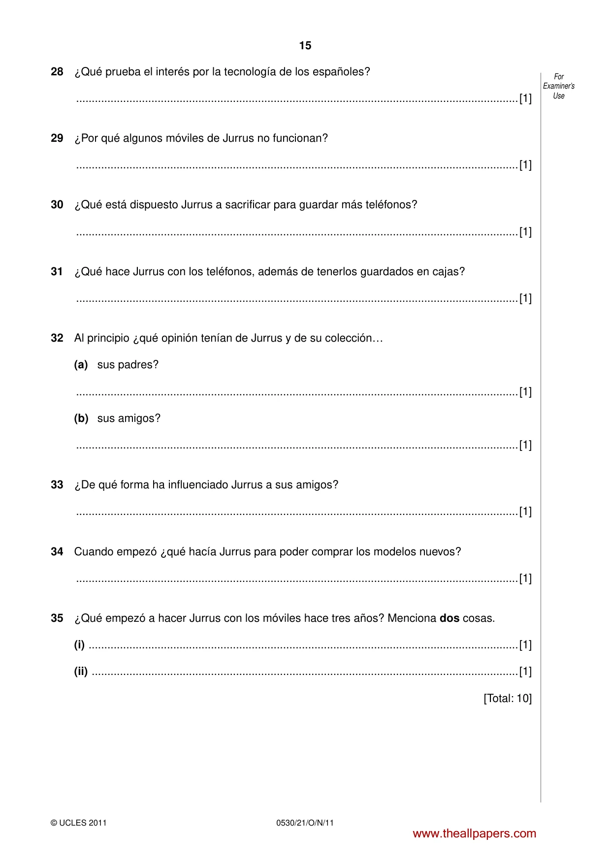 Cambridge IGCSE Spanish - Foreign Language 0530 2011 Oct/Nov Paper 2 · Variant 1 question paper, page 15 of 16