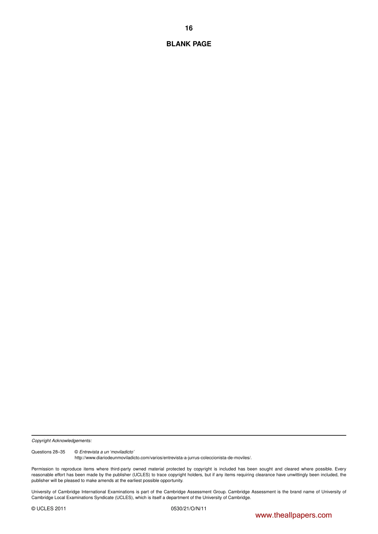 Cambridge IGCSE Spanish - Foreign Language 0530 2011 Oct/Nov Paper 2 · Variant 1 question paper, page 16 of 16
