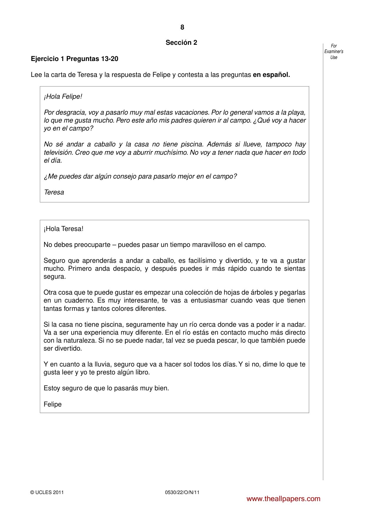 Cambridge IGCSE Spanish - Foreign Language 0530 2011 Oct/Nov Paper 2 · Variant 2 question paper, page 8 of 16