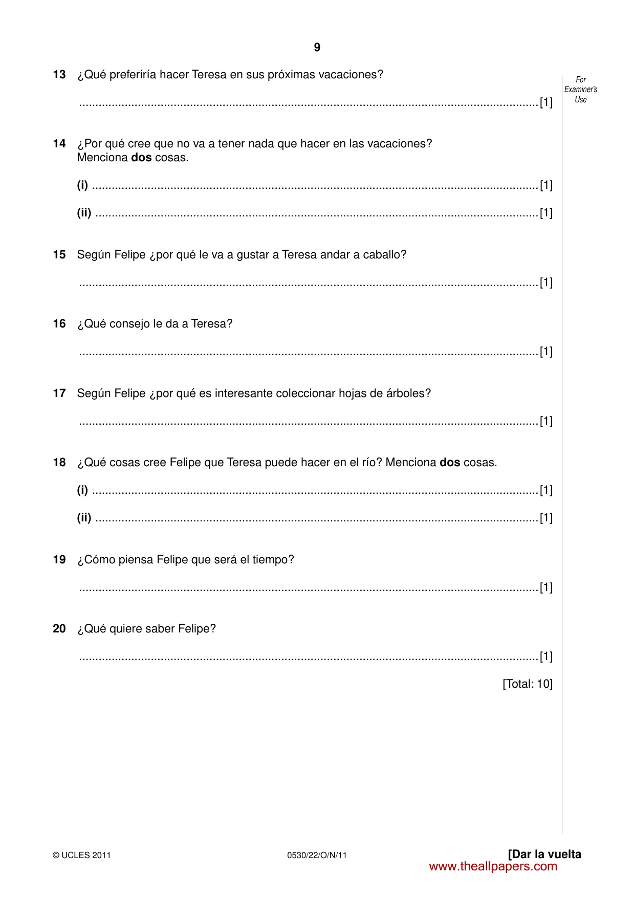Cambridge IGCSE Spanish - Foreign Language 0530 2011 Oct/Nov Paper 2 · Variant 2 question paper, page 9 of 16