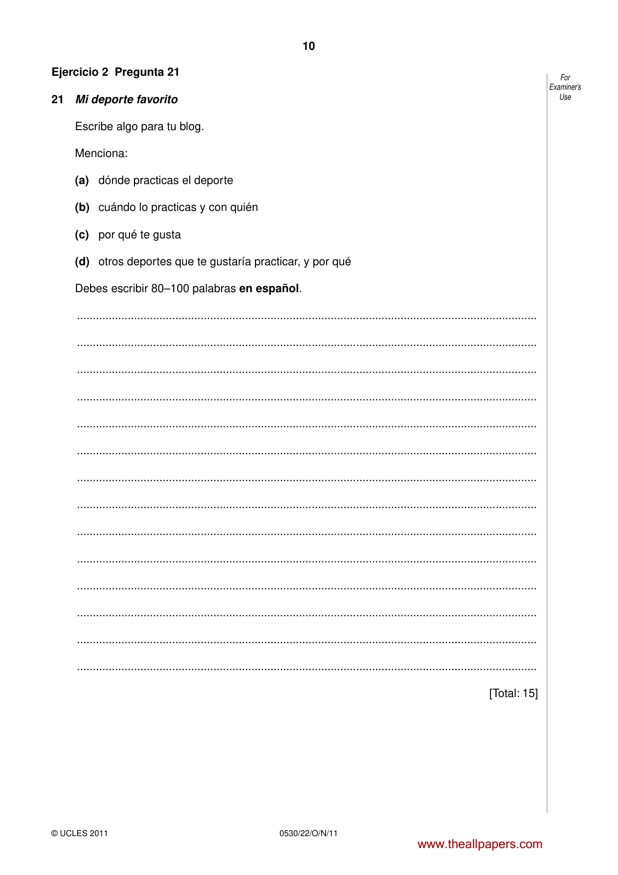Cambridge IGCSE Spanish - Foreign Language 0530 2011 Oct/Nov Paper 2 · Variant 2 question paper, page 10 of 16
