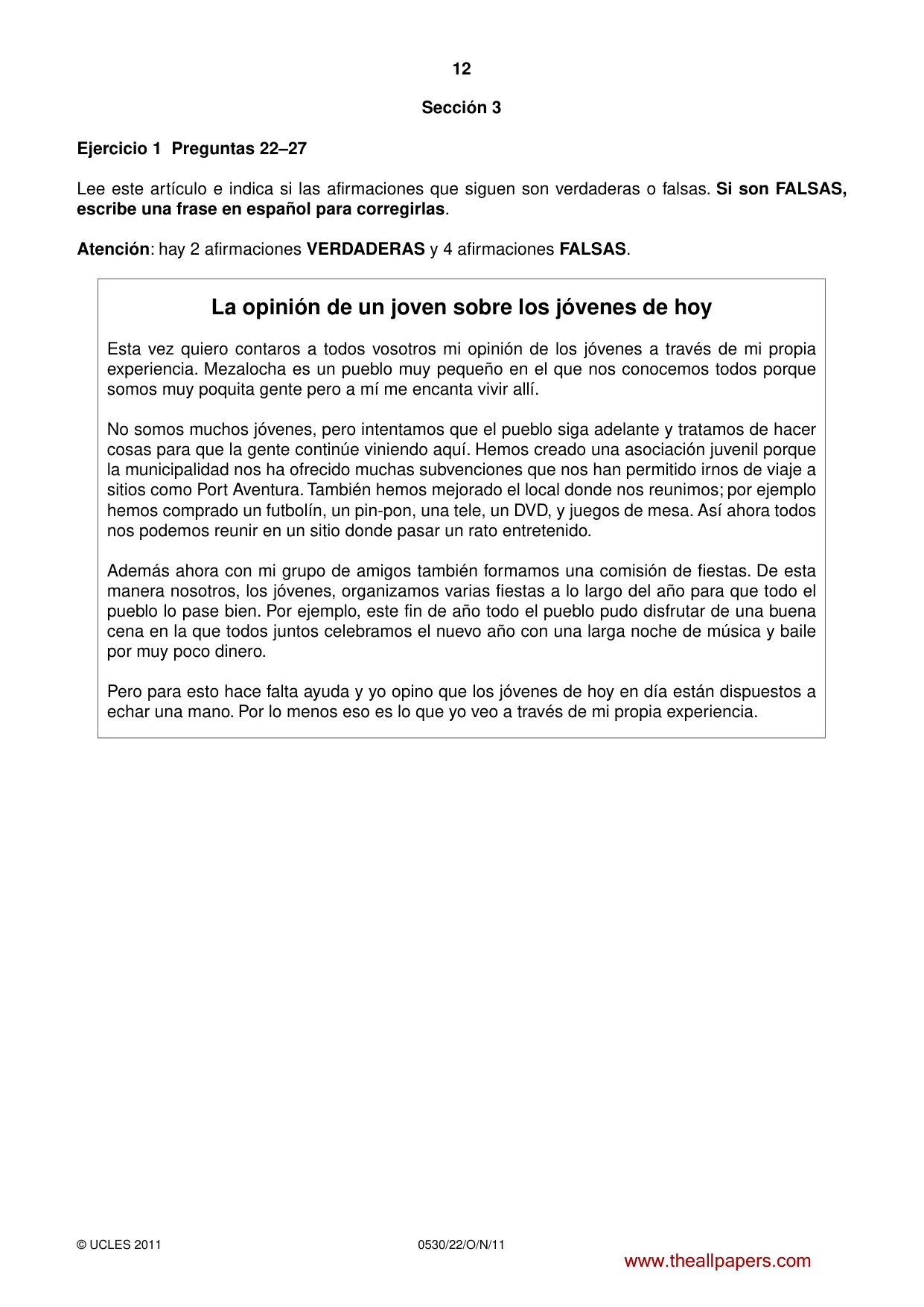 Cambridge IGCSE Spanish - Foreign Language 0530 2011 Oct/Nov Paper 2 · Variant 2 question paper, page 12 of 16