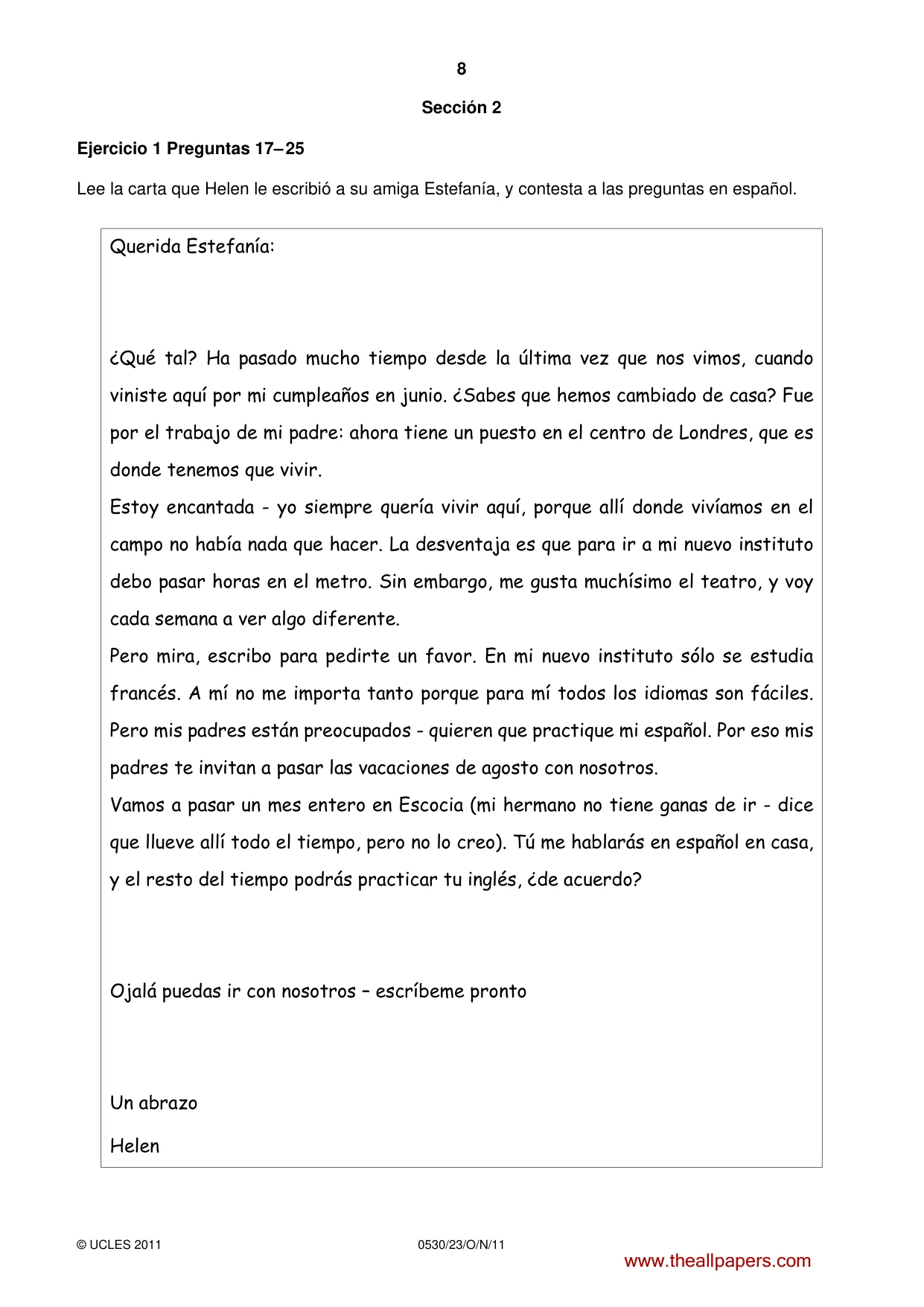 Cambridge IGCSE Spanish - Foreign Language 0530 2011 Oct/Nov Paper 2 · Variant 3 question paper, page 8 of 16