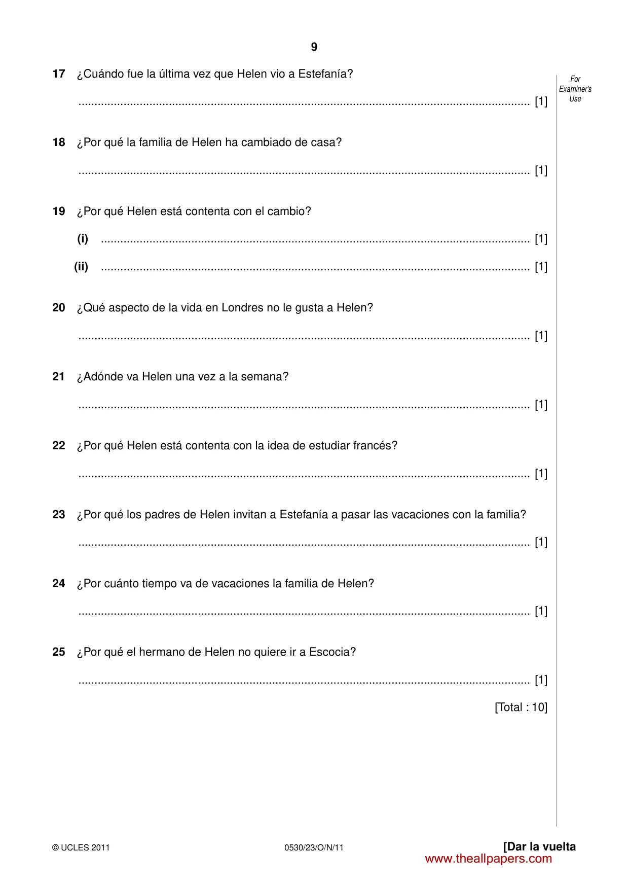 Cambridge IGCSE Spanish - Foreign Language 0530 2011 Oct/Nov Paper 2 · Variant 3 question paper, page 9 of 16
