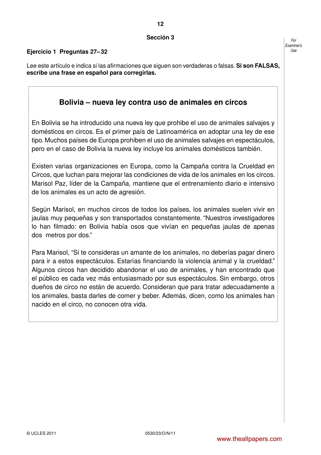 Cambridge IGCSE Spanish - Foreign Language 0530 2011 Oct/Nov Paper 2 · Variant 3 question paper, page 12 of 16