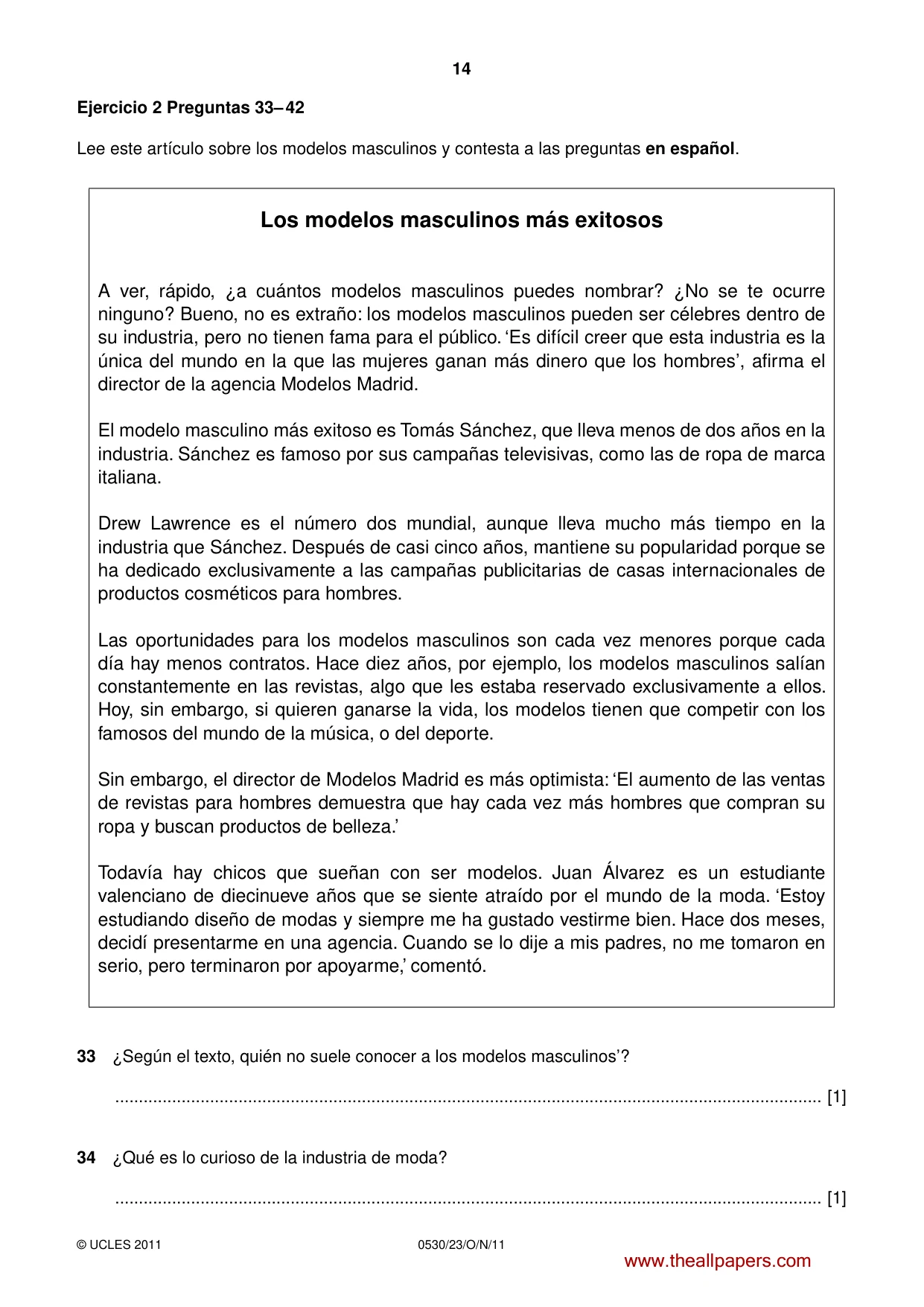 Cambridge IGCSE Spanish - Foreign Language 0530 2011 Oct/Nov Paper 2 · Variant 3 question paper, page 14 of 16