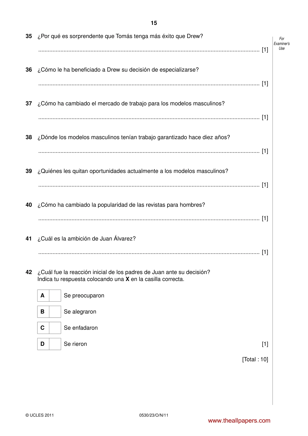 Cambridge IGCSE Spanish - Foreign Language 0530 2011 Oct/Nov Paper 2 · Variant 3 question paper, page 15 of 16
