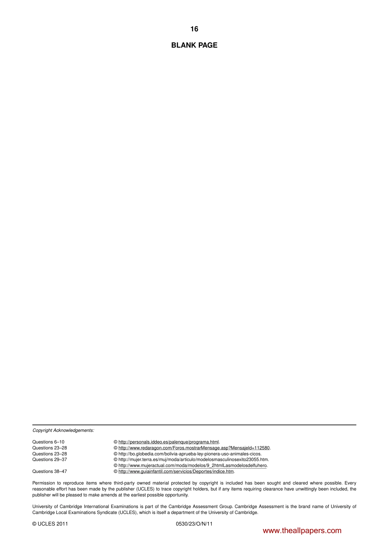 Cambridge IGCSE Spanish - Foreign Language 0530 2011 Oct/Nov Paper 2 · Variant 3 question paper, page 16 of 16