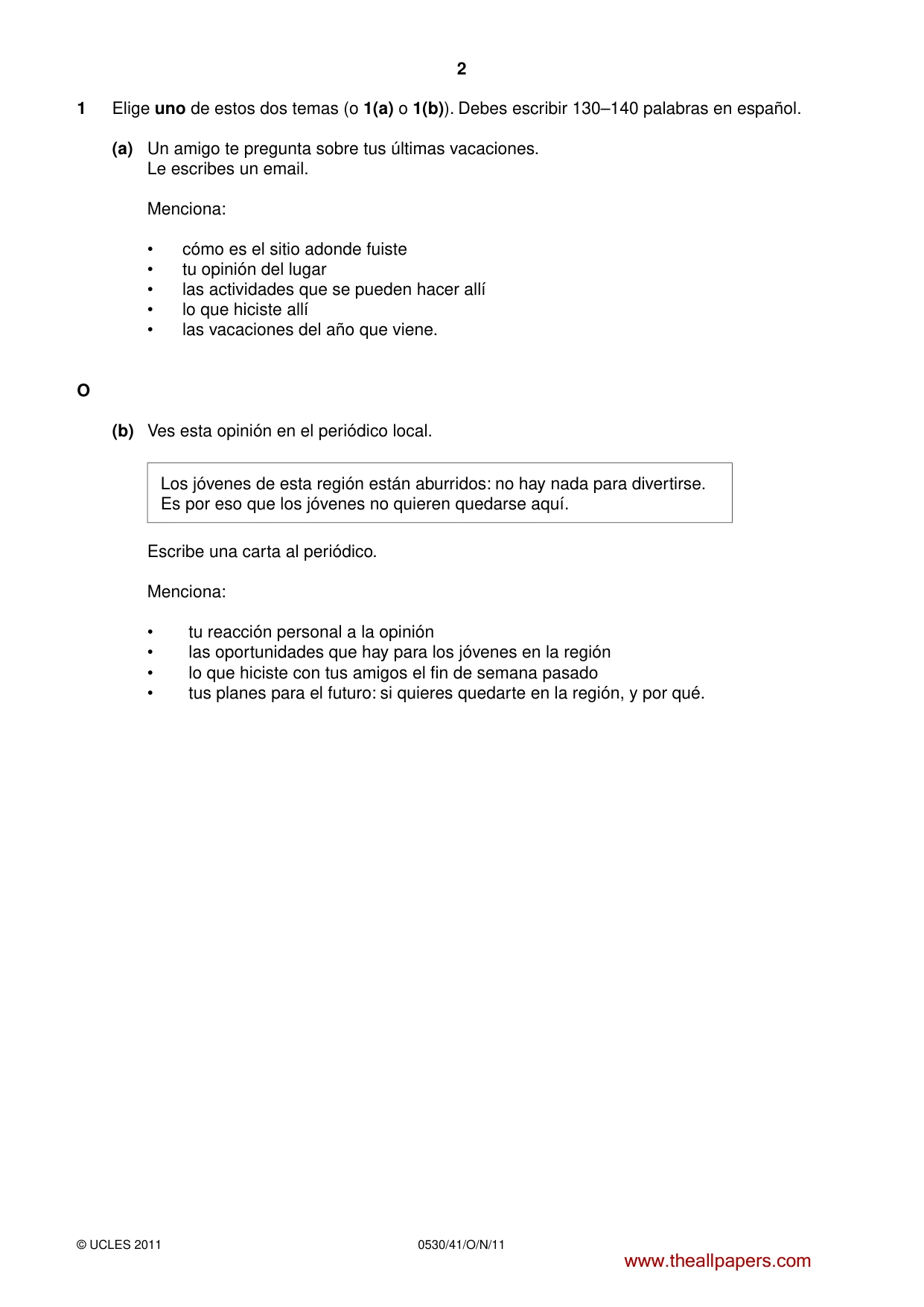 Cambridge IGCSE Spanish - Foreign Language 0530 2011 Oct/Nov Paper 4 · Variant 1 question paper, page 2 of 4