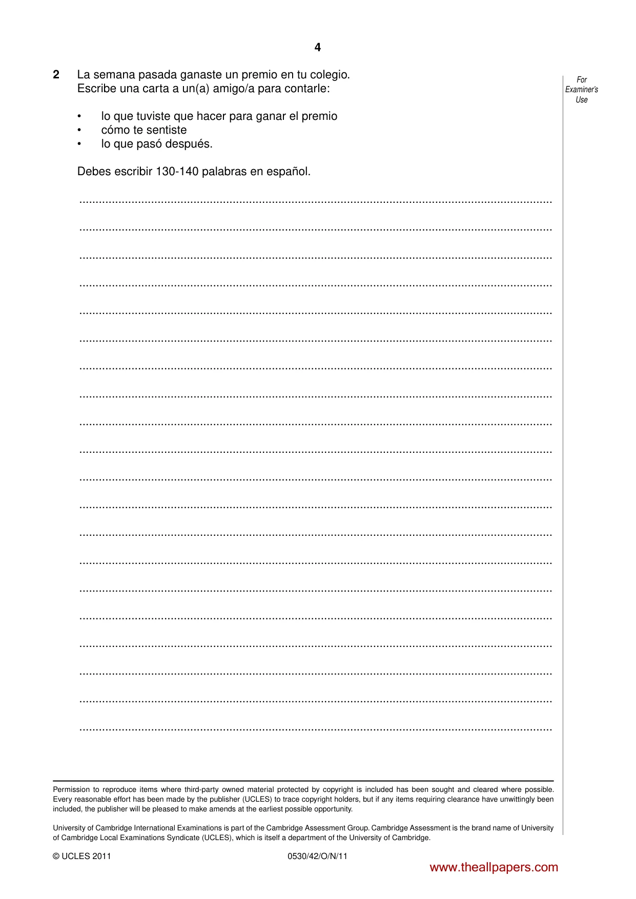 Cambridge IGCSE Spanish - Foreign Language 0530 2011 Oct/Nov Paper 4 · Variant 2 question paper, page 4 of 4