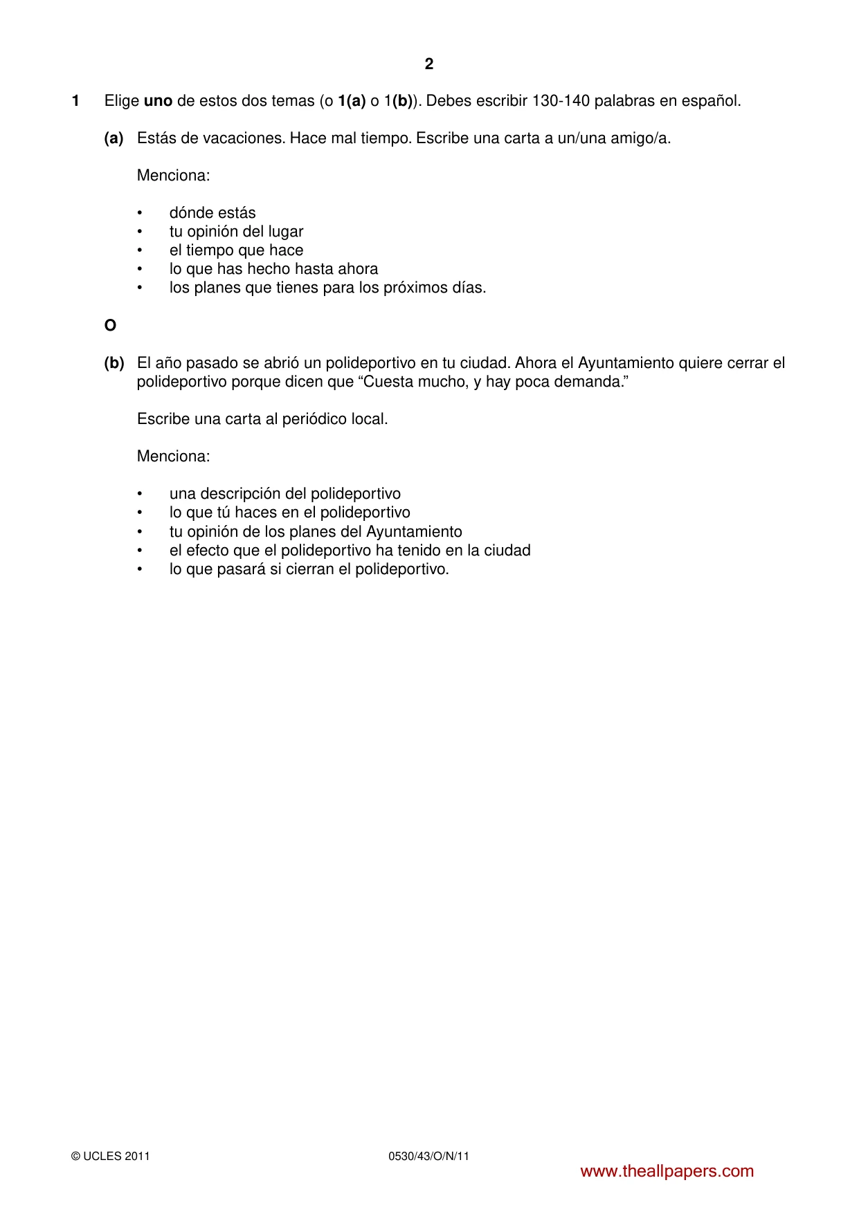 Cambridge IGCSE Spanish - Foreign Language 0530 2011 Oct/Nov Paper 4 · Variant 3 question paper, page 2 of 4