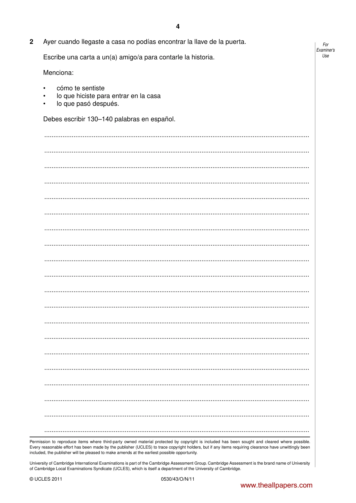 Cambridge IGCSE Spanish - Foreign Language 0530 2011 Oct/Nov Paper 4 · Variant 3 question paper, page 4 of 4