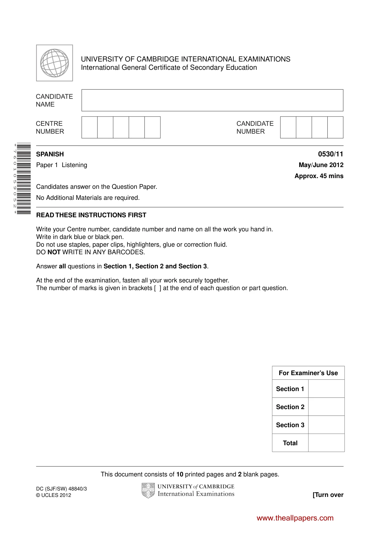 Cambridge IGCSE Spanish - Foreign Language 0530 2012 May/June Paper 1 · Variant 1 question paper, page 1 of 12