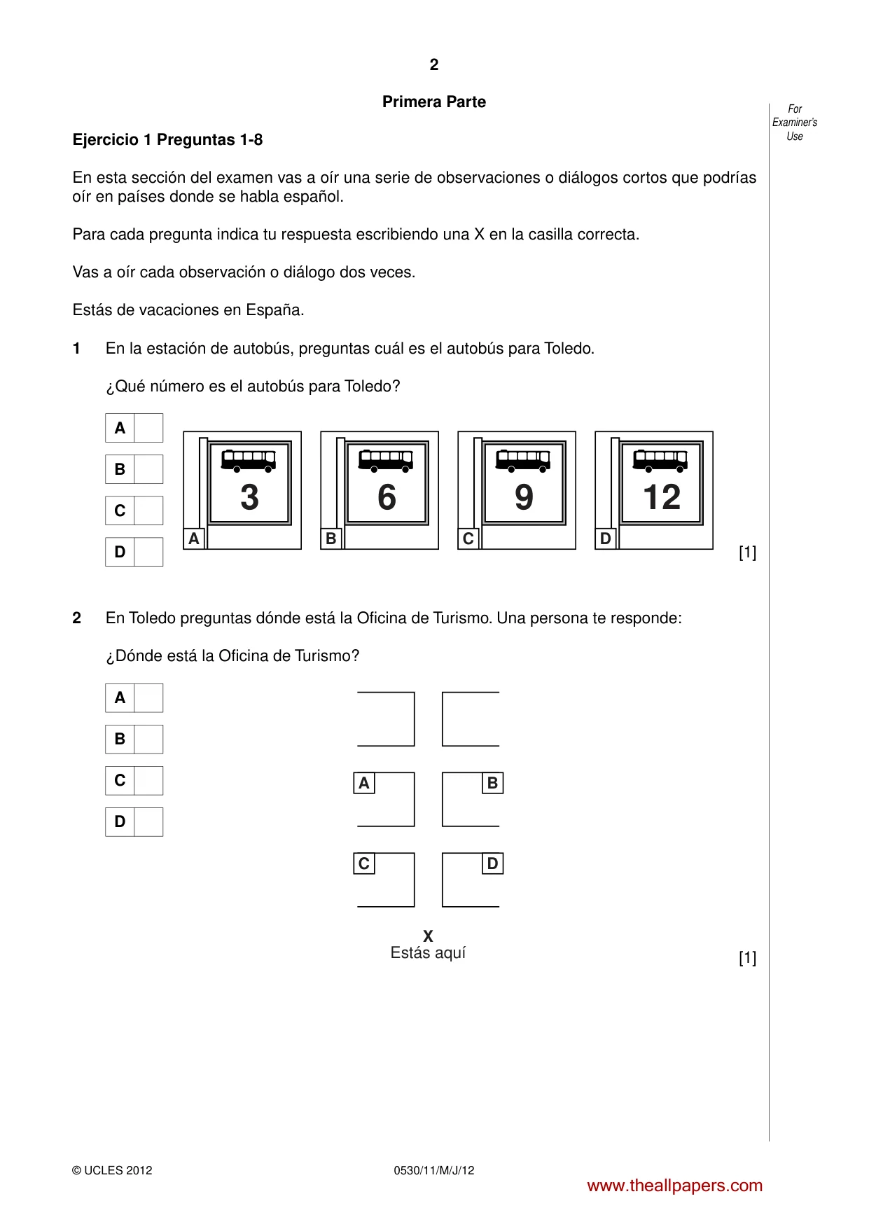 Cambridge IGCSE Spanish - Foreign Language 0530 2012 May/June Paper 1 · Variant 1 question paper, page 2 of 12