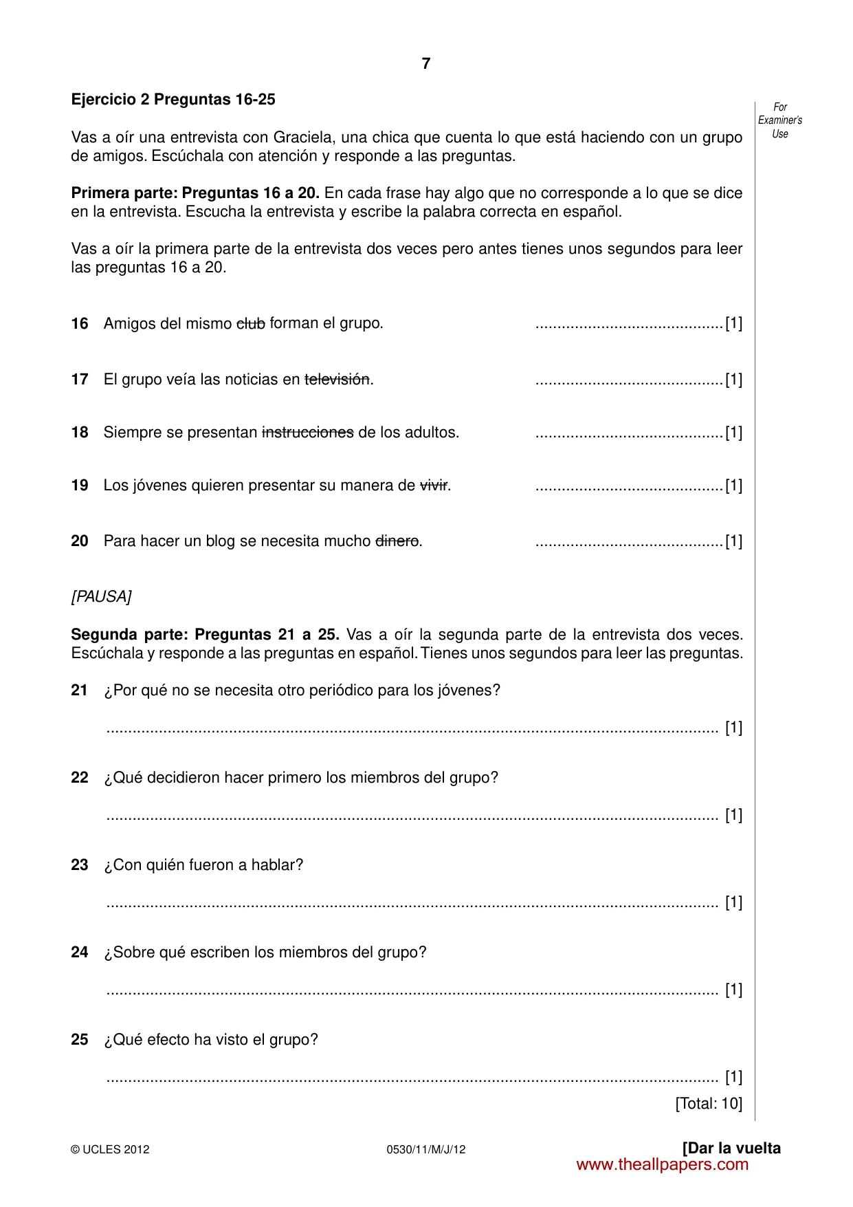 Cambridge IGCSE Spanish - Foreign Language 0530 2012 May/June Paper 1 · Variant 1 question paper, page 7 of 12