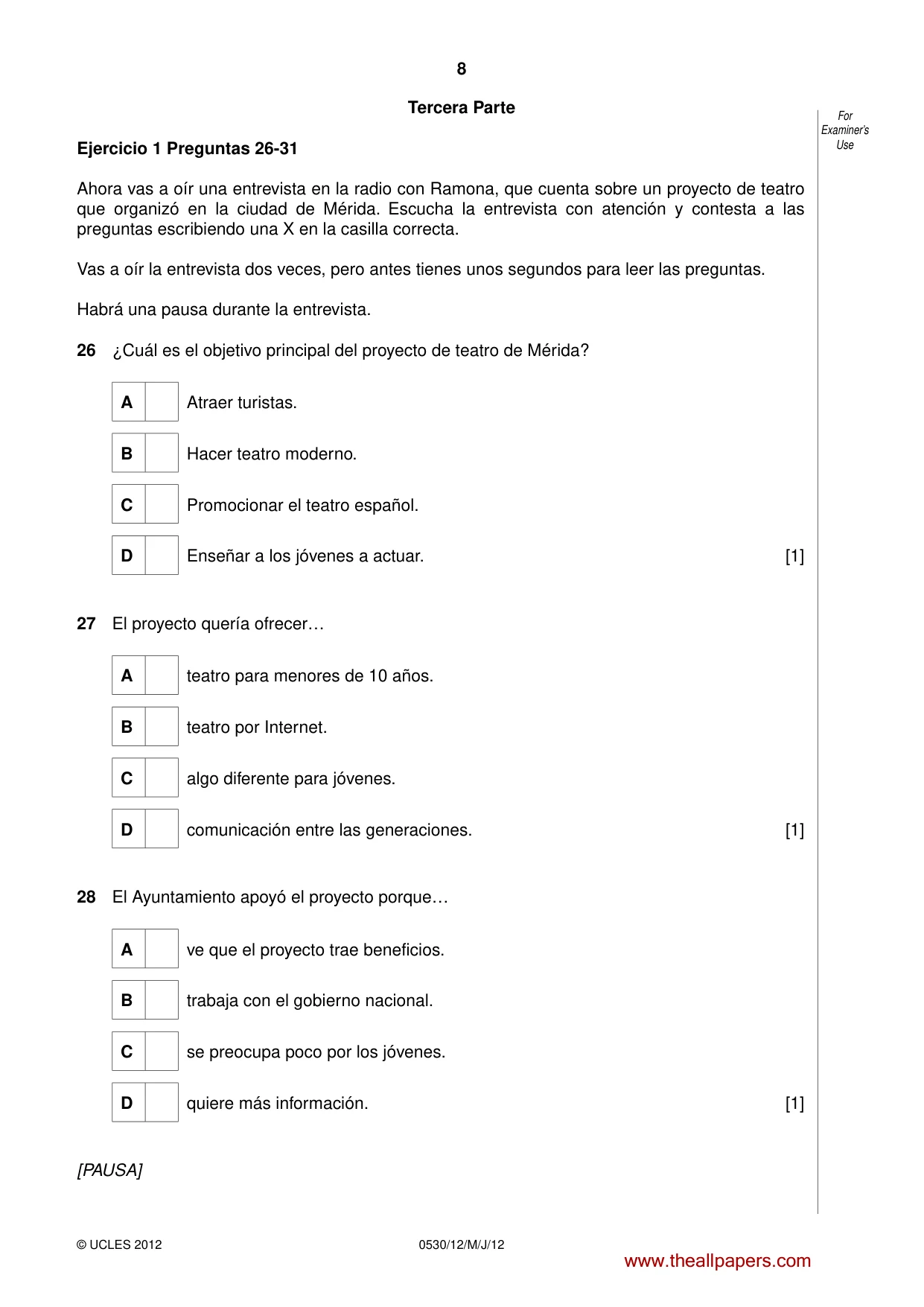 Cambridge IGCSE Spanish - Foreign Language 0530 2012 May/June Paper 1 · Variant 2 question paper, page 8 of 12