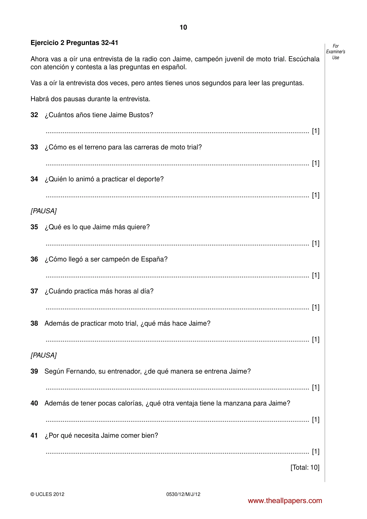 Cambridge IGCSE Spanish - Foreign Language 0530 2012 May/June Paper 1 · Variant 2 question paper, page 10 of 12
