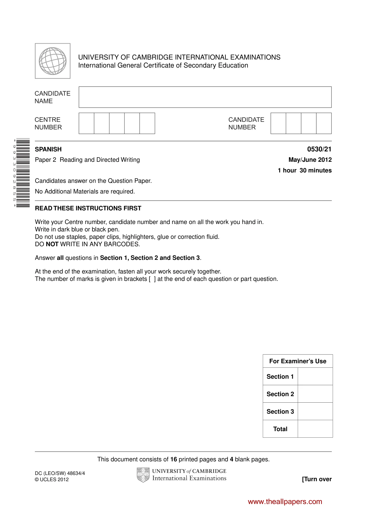 Cambridge IGCSE Spanish - Foreign Language 0530 2012 May/June Paper 2 · Variant 1 question paper, page 1 of 20