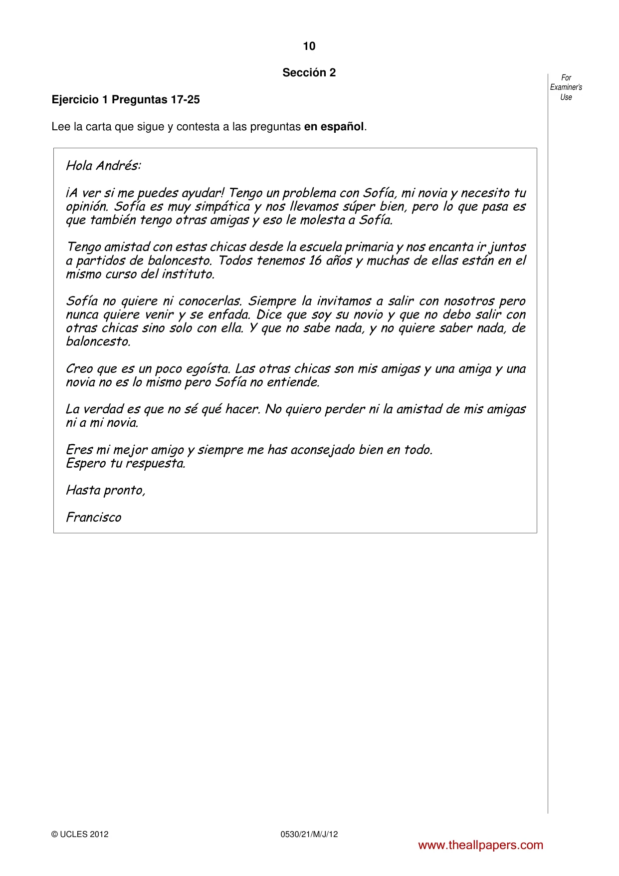 Cambridge IGCSE Spanish - Foreign Language 0530 2012 May/June Paper 2 · Variant 1 question paper, page 10 of 20