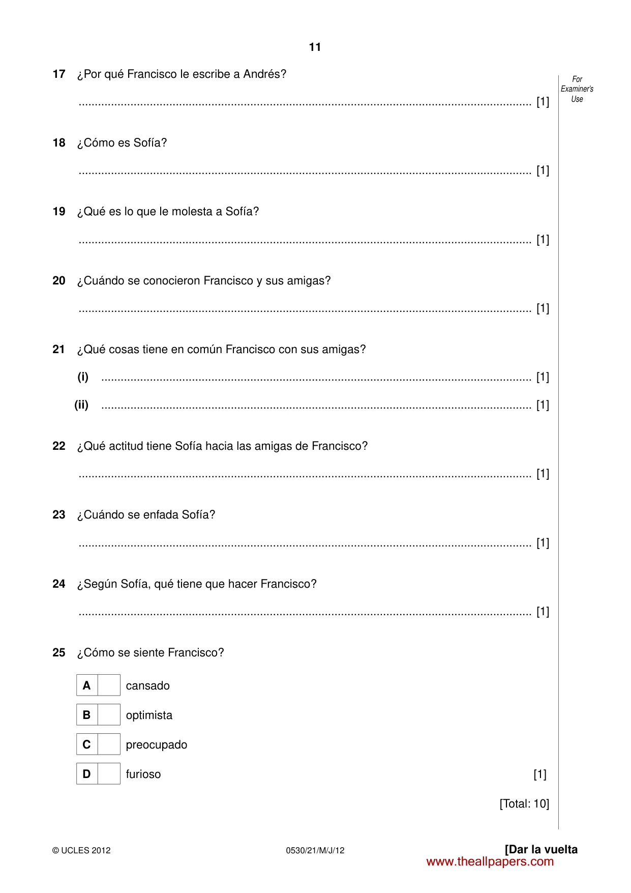 Cambridge IGCSE Spanish - Foreign Language 0530 2012 May/June Paper 2 · Variant 1 question paper, page 11 of 20