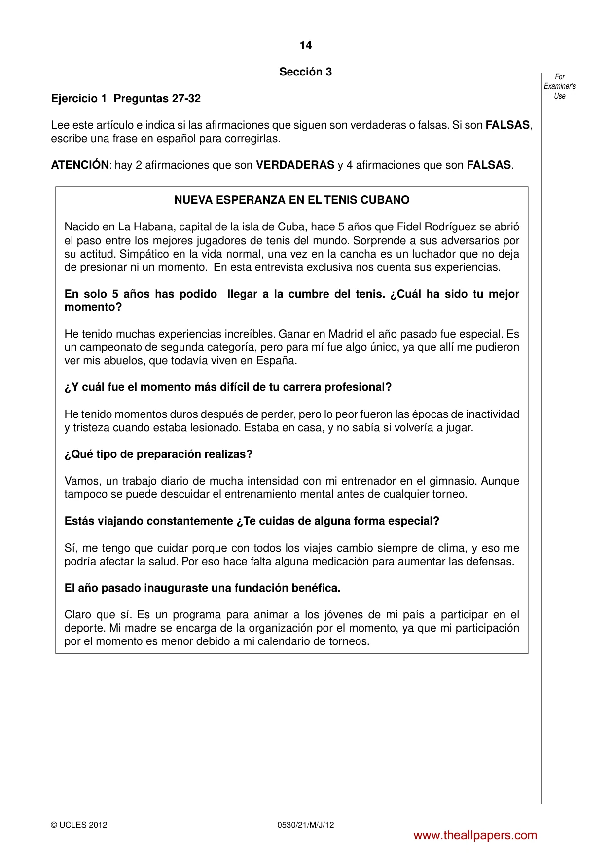 Cambridge IGCSE Spanish - Foreign Language 0530 2012 May/June Paper 2 · Variant 1 question paper, page 14 of 20