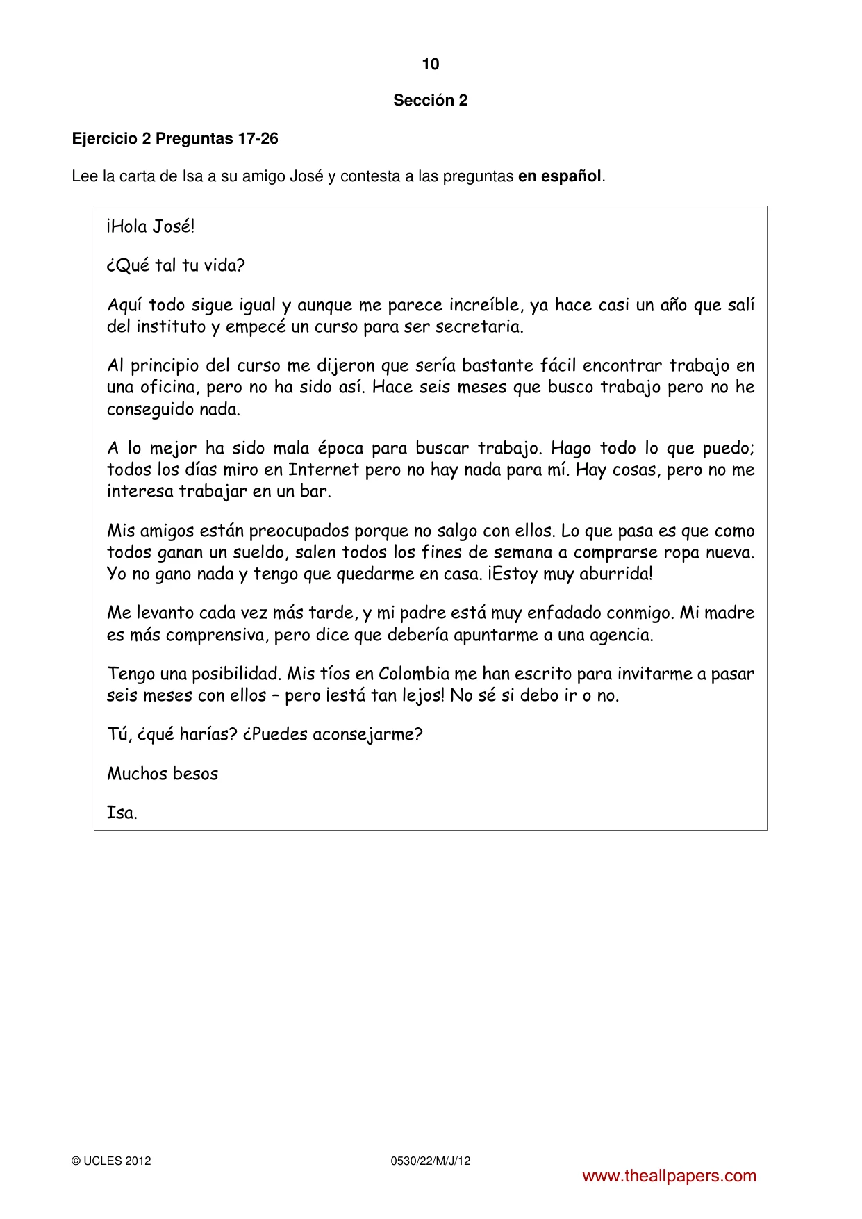 Cambridge IGCSE Spanish - Foreign Language 0530 2012 May/June Paper 2 · Variant 2 question paper, page 10 of 20