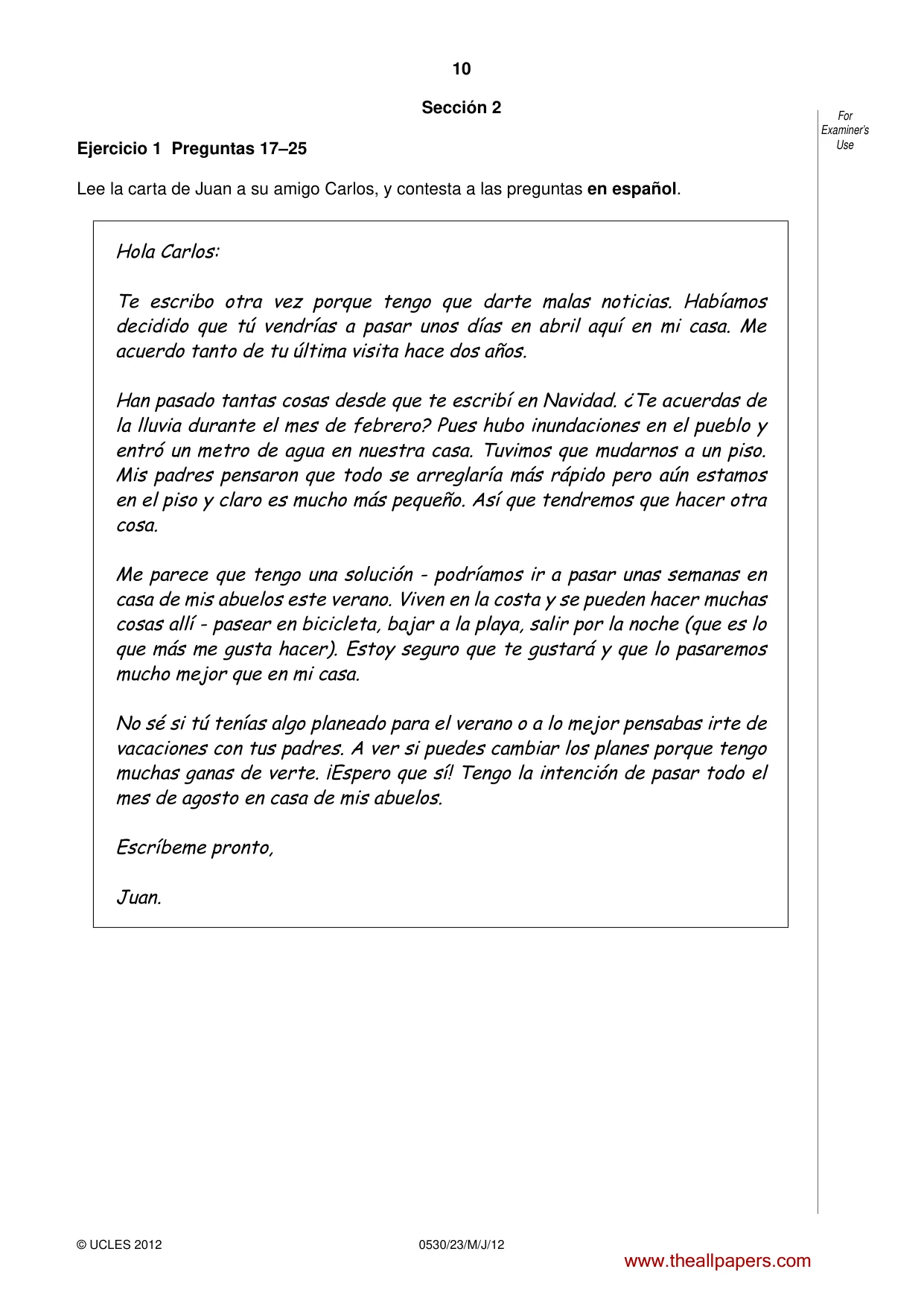 Cambridge IGCSE Spanish - Foreign Language 0530 2012 May/June Paper 2 · Variant 3 question paper, page 10 of 20