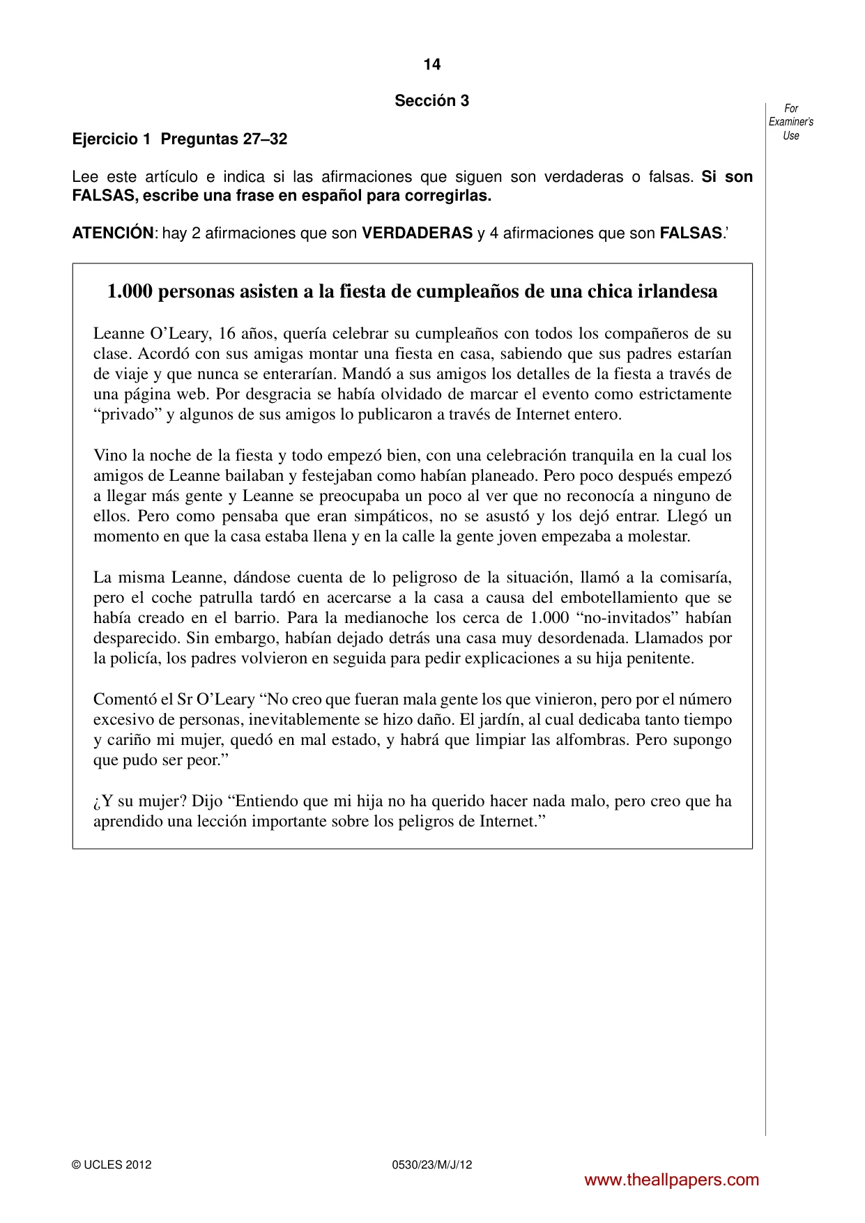 Cambridge IGCSE Spanish - Foreign Language 0530 2012 May/June Paper 2 · Variant 3 question paper, page 14 of 20