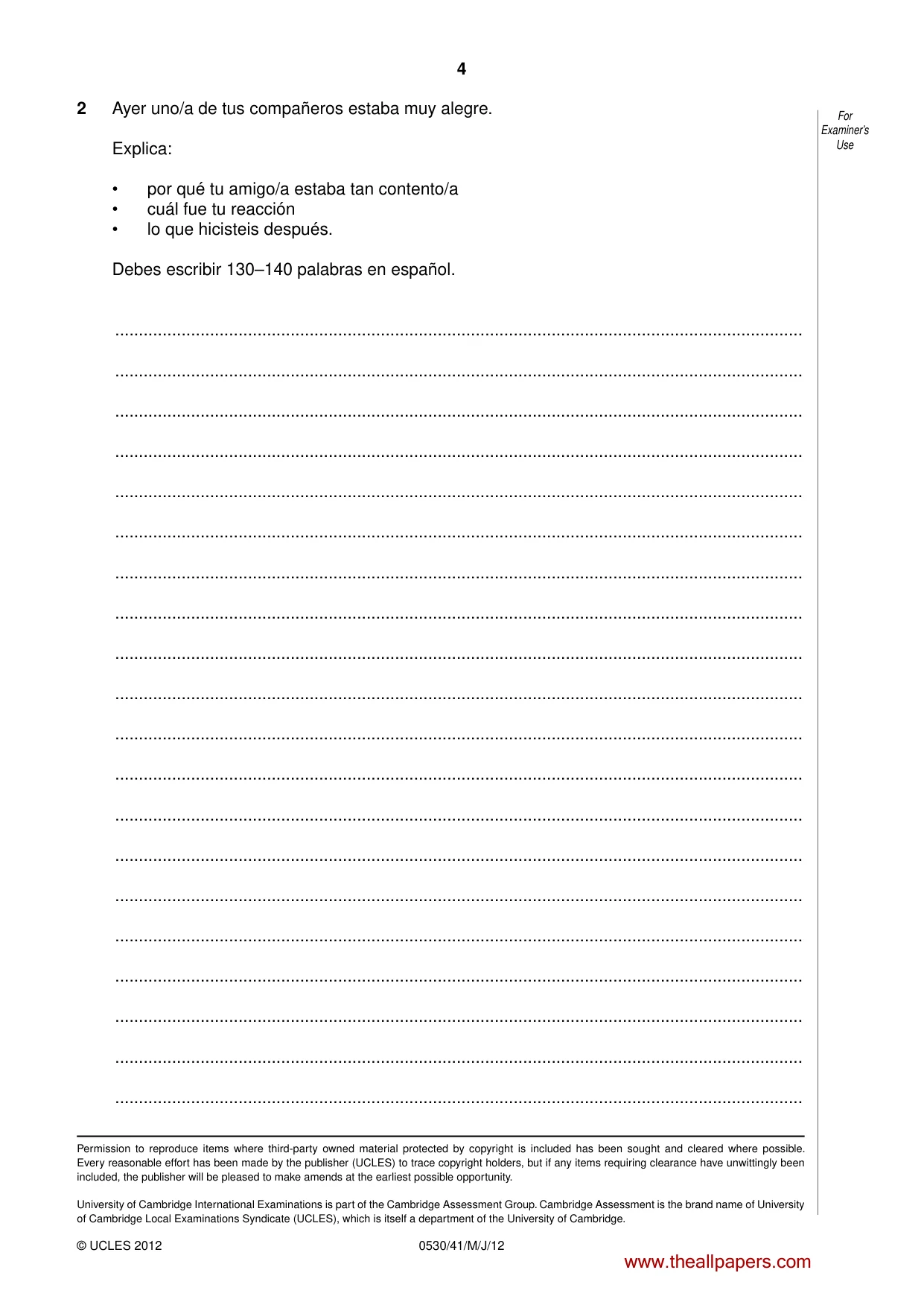 Cambridge IGCSE Spanish - Foreign Language 0530 2012 May/June Paper 4 · Variant 1 question paper, page 4 of 4