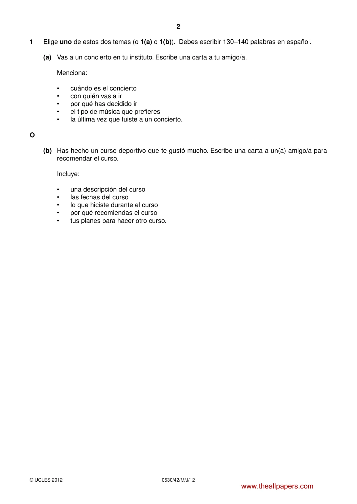 Cambridge IGCSE Spanish - Foreign Language 0530 2012 May/June Paper 4 · Variant 2 question paper, page 2 of 4