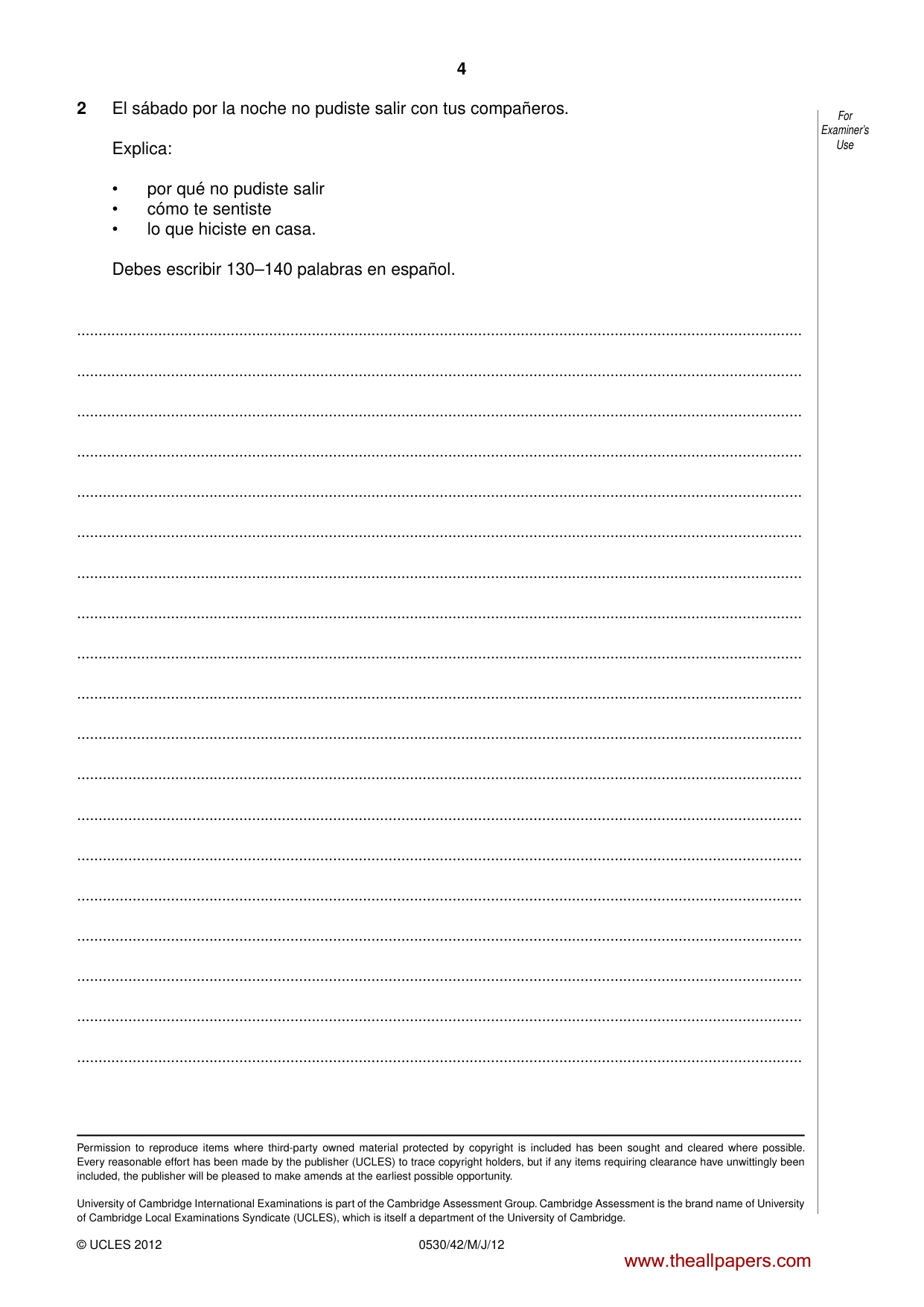 Cambridge IGCSE Spanish - Foreign Language 0530 2012 May/June Paper 4 · Variant 2 question paper, page 4 of 4