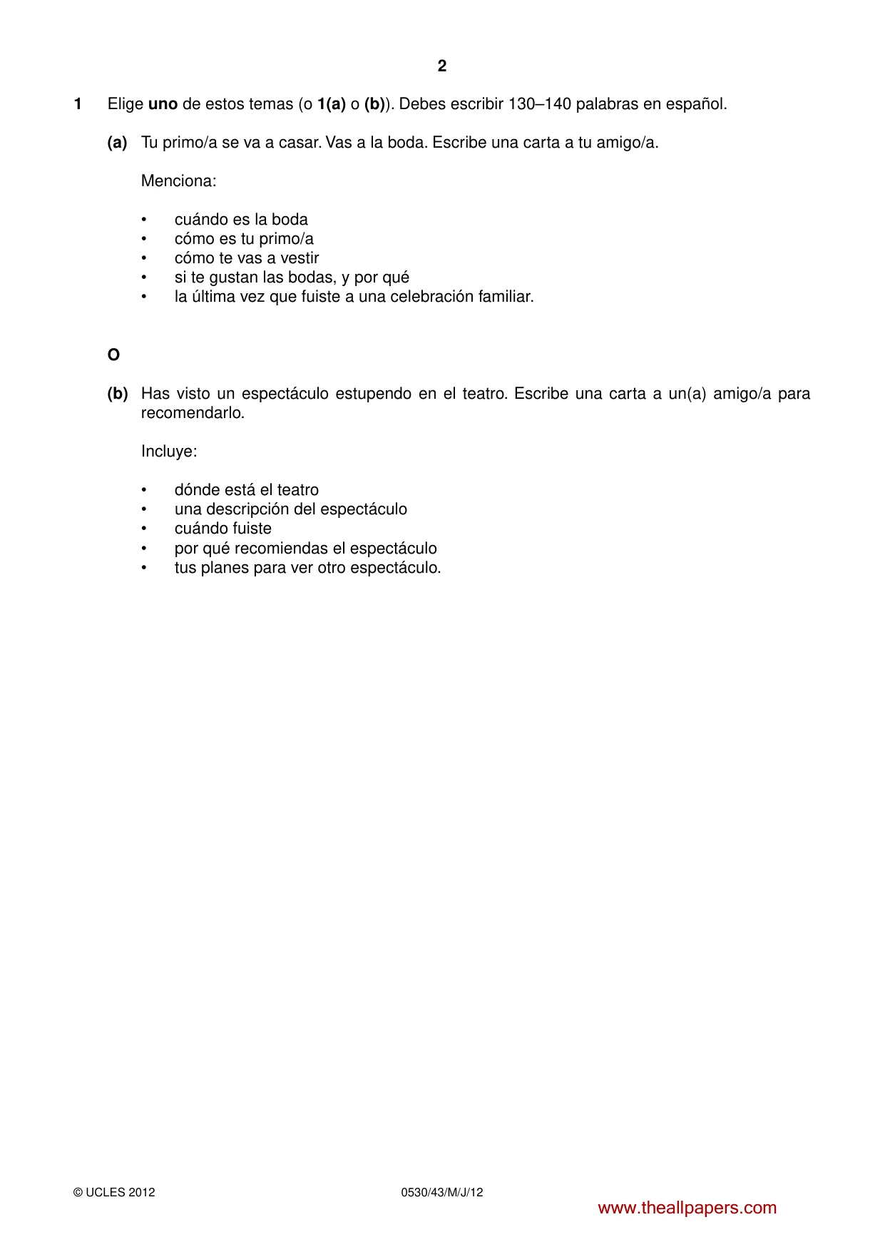 Cambridge IGCSE Spanish - Foreign Language 0530 2012 May/June Paper 4 · Variant 3 question paper, page 2 of 4