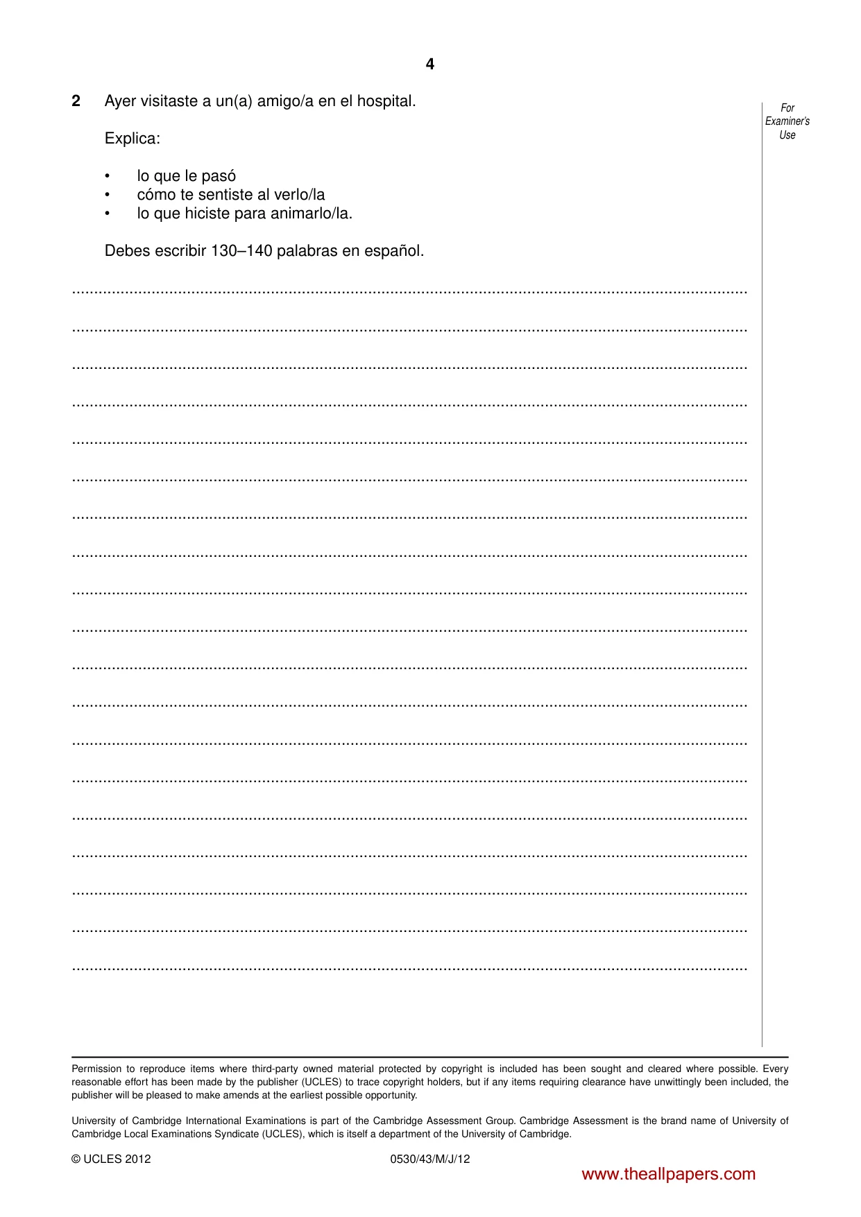 Cambridge IGCSE Spanish - Foreign Language 0530 2012 May/June Paper 4 · Variant 3 question paper, page 4 of 4