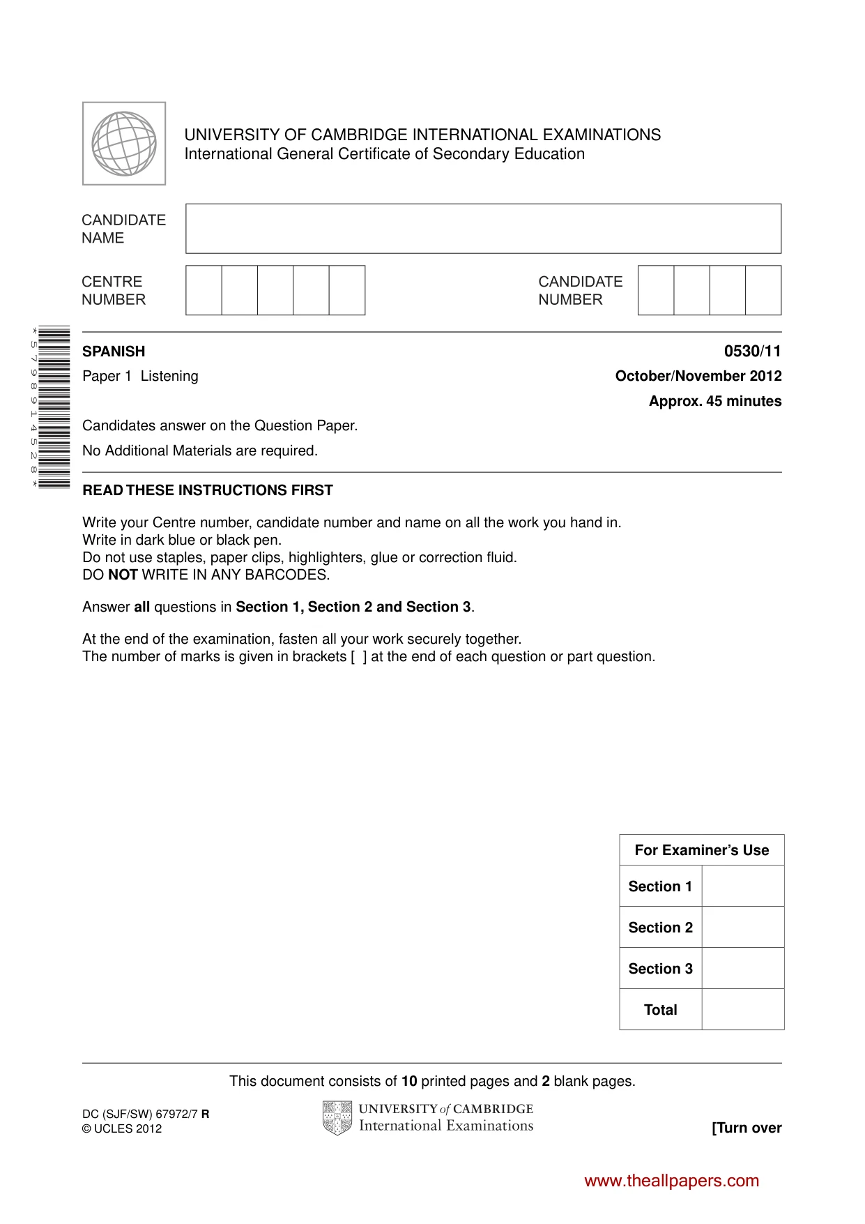 Cambridge IGCSE Spanish - Foreign Language 0530 2012 Oct/Nov Paper 1 · Variant 1 question paper, page 1 of 12