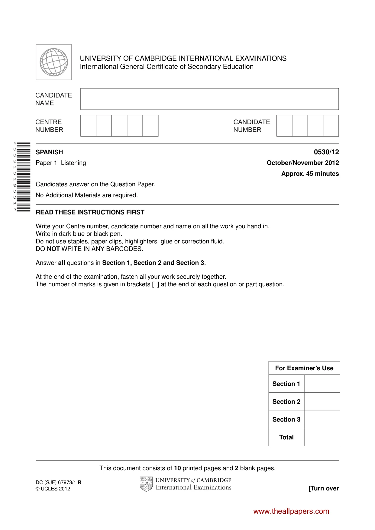 Cambridge IGCSE Spanish - Foreign Language 0530 2012 Oct/Nov Paper 1 · Variant 2 question paper, page 1 of 12