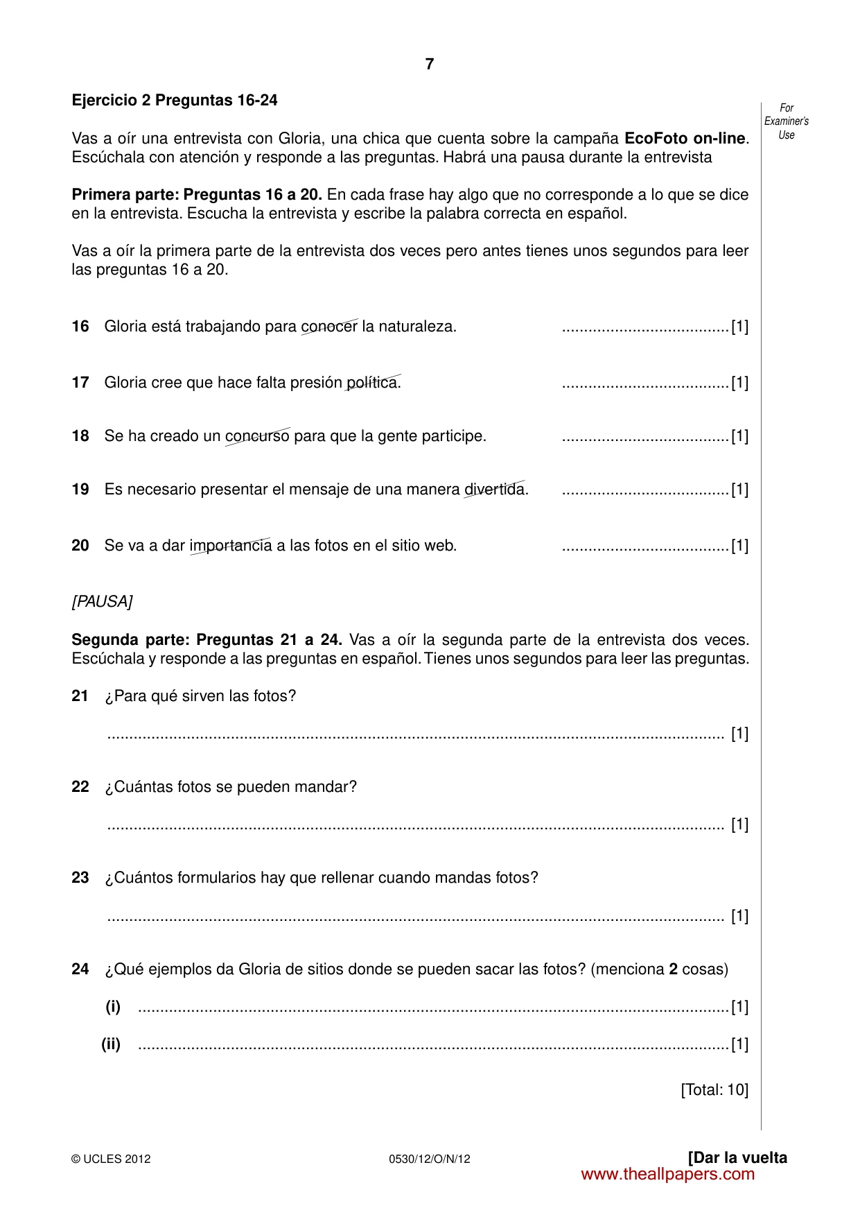 Cambridge IGCSE Spanish - Foreign Language 0530 2012 Oct/Nov Paper 1 · Variant 2 question paper, page 7 of 12