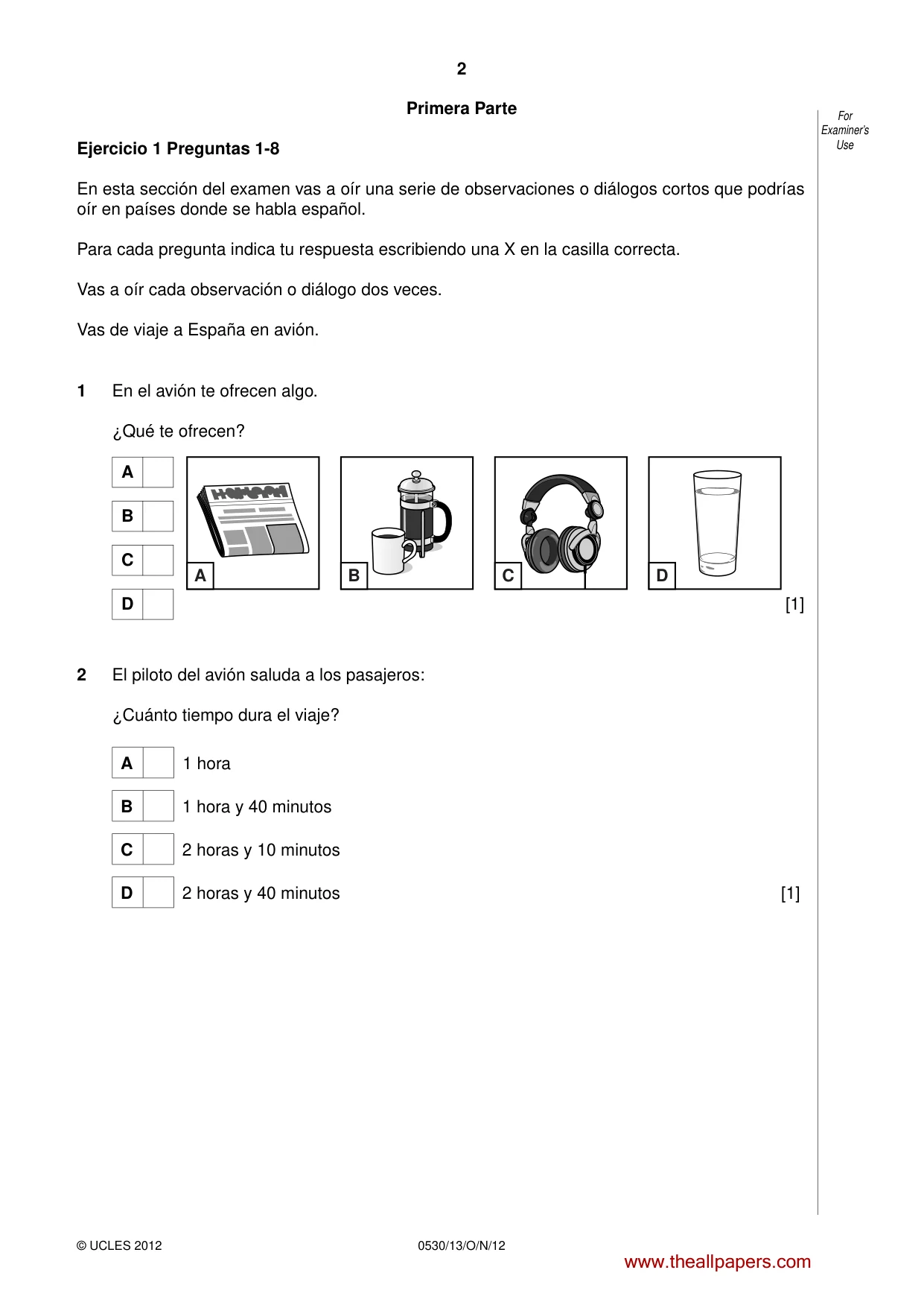 Cambridge IGCSE Spanish - Foreign Language 0530 2012 Oct/Nov Paper 1 · Variant 3 question paper, page 2 of 12
