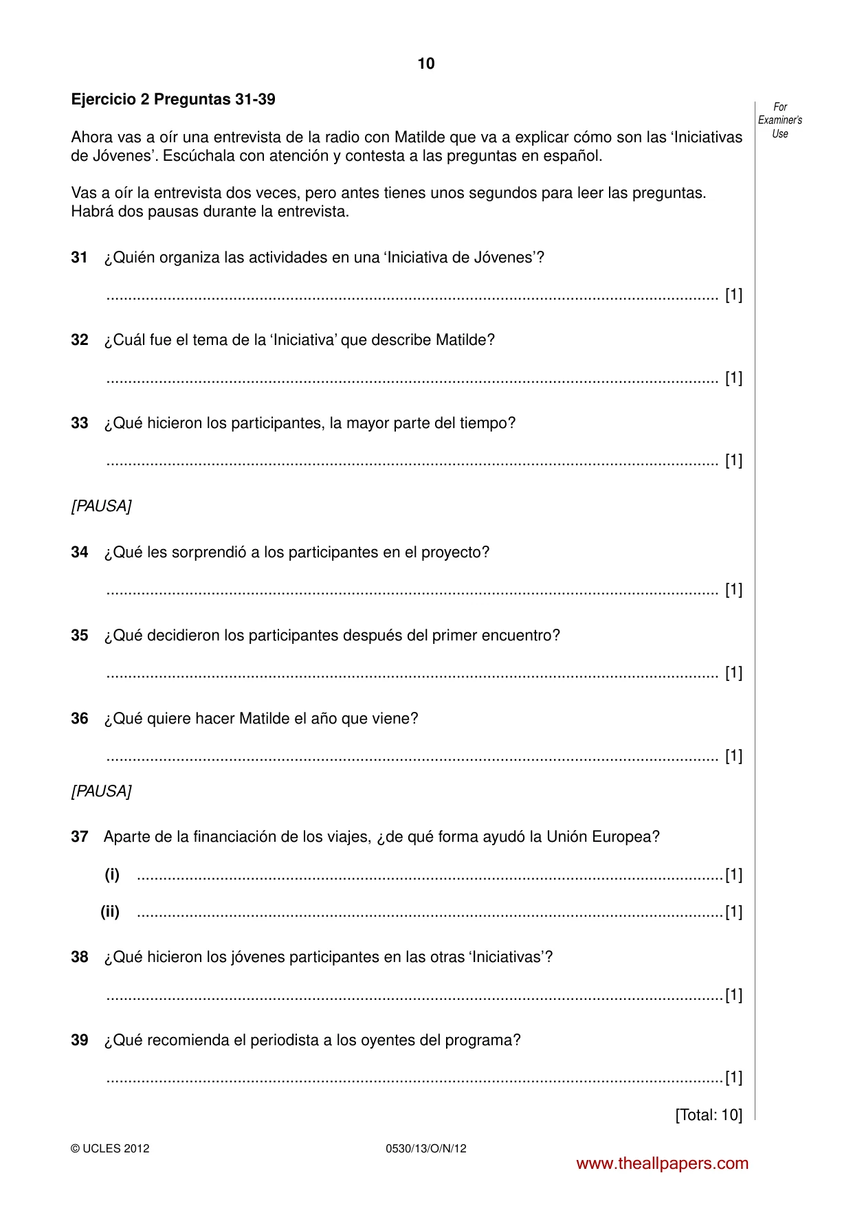 Cambridge IGCSE Spanish - Foreign Language 0530 2012 Oct/Nov Paper 1 · Variant 3 question paper, page 10 of 12