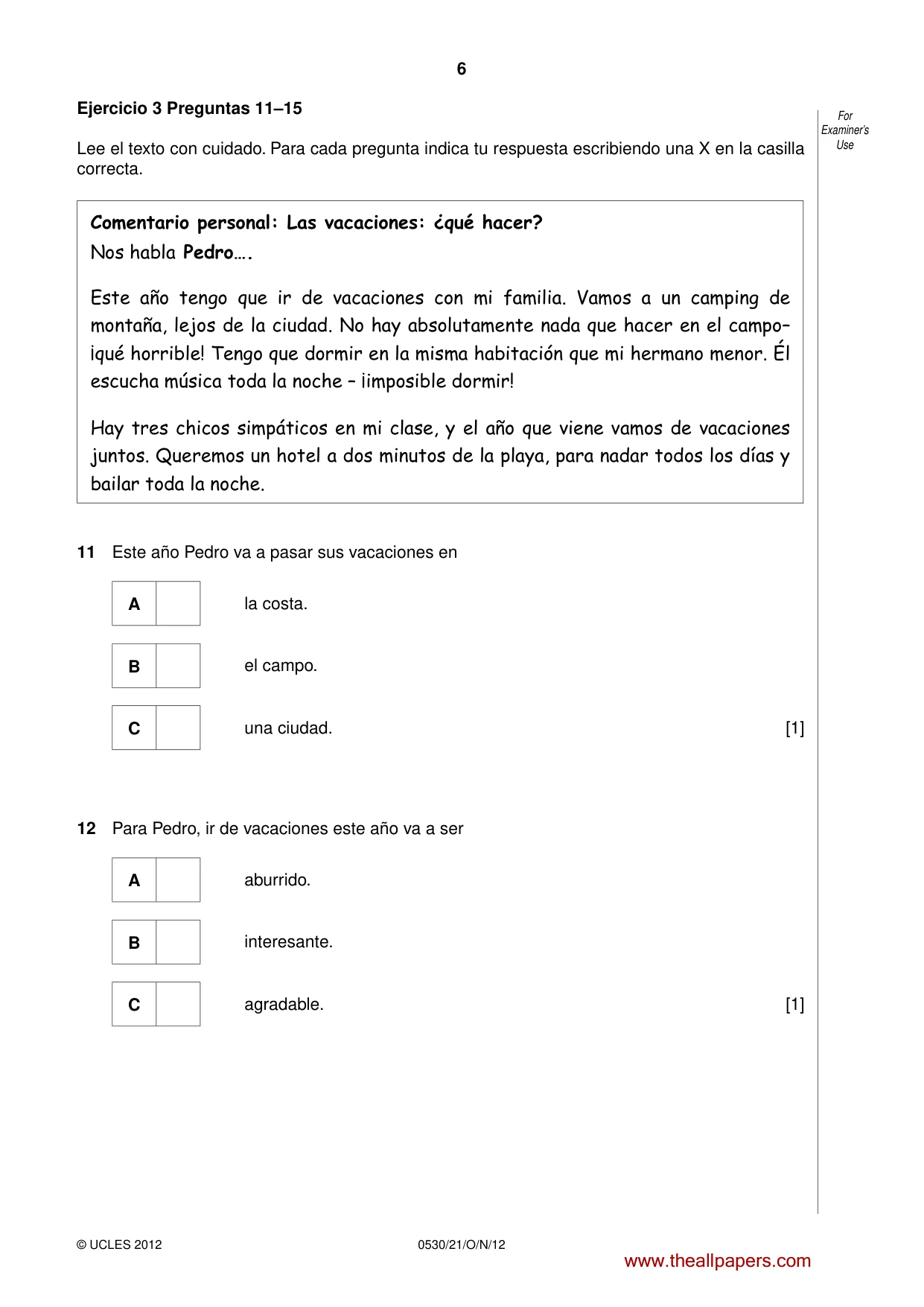 Cambridge IGCSE Spanish - Foreign Language 0530 2012 Oct/Nov Paper 2 · Variant 1 question paper, page 6 of 20