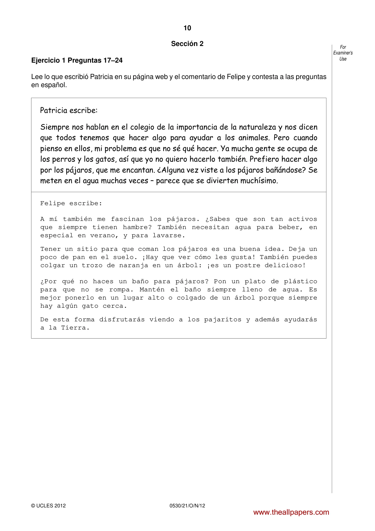 Cambridge IGCSE Spanish - Foreign Language 0530 2012 Oct/Nov Paper 2 · Variant 1 question paper, page 10 of 20