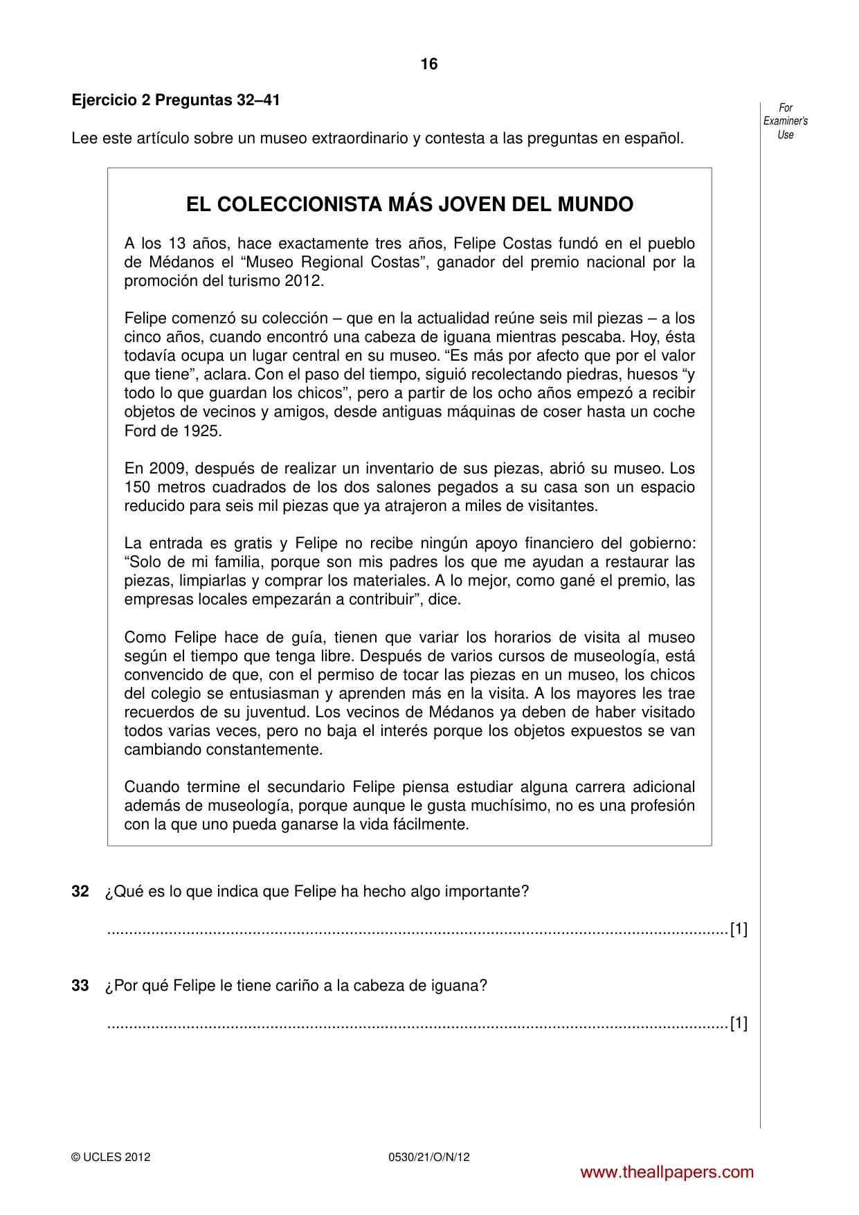 Cambridge IGCSE Spanish - Foreign Language 0530 2012 Oct/Nov Paper 2 · Variant 1 question paper, page 16 of 20
