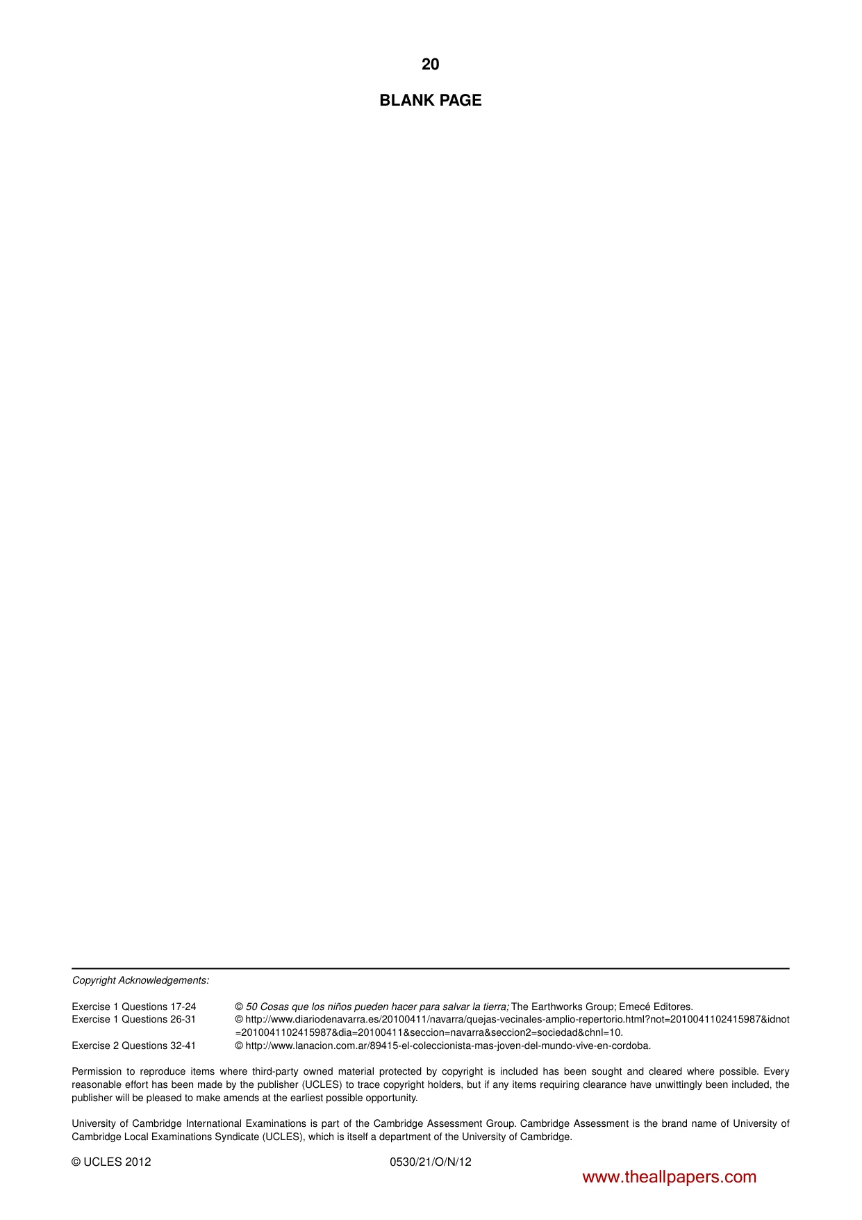 Cambridge IGCSE Spanish - Foreign Language 0530 2012 Oct/Nov Paper 2 · Variant 1 question paper, page 20 of 20