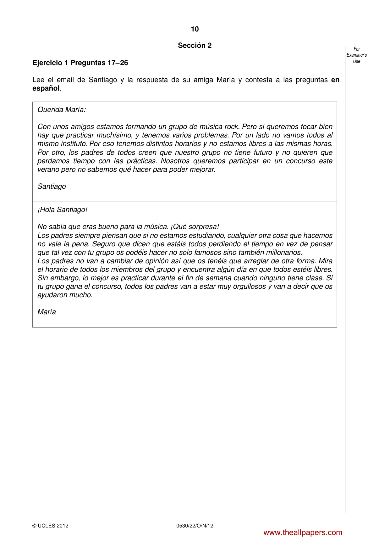 Cambridge IGCSE Spanish - Foreign Language 0530 2012 Oct/Nov Paper 2 · Variant 2 question paper, page 10 of 20