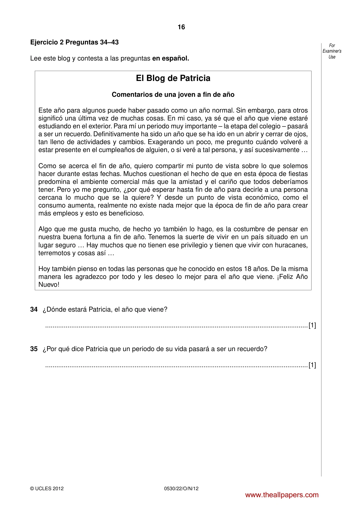 Cambridge IGCSE Spanish - Foreign Language 0530 2012 Oct/Nov Paper 2 · Variant 2 question paper, page 16 of 20