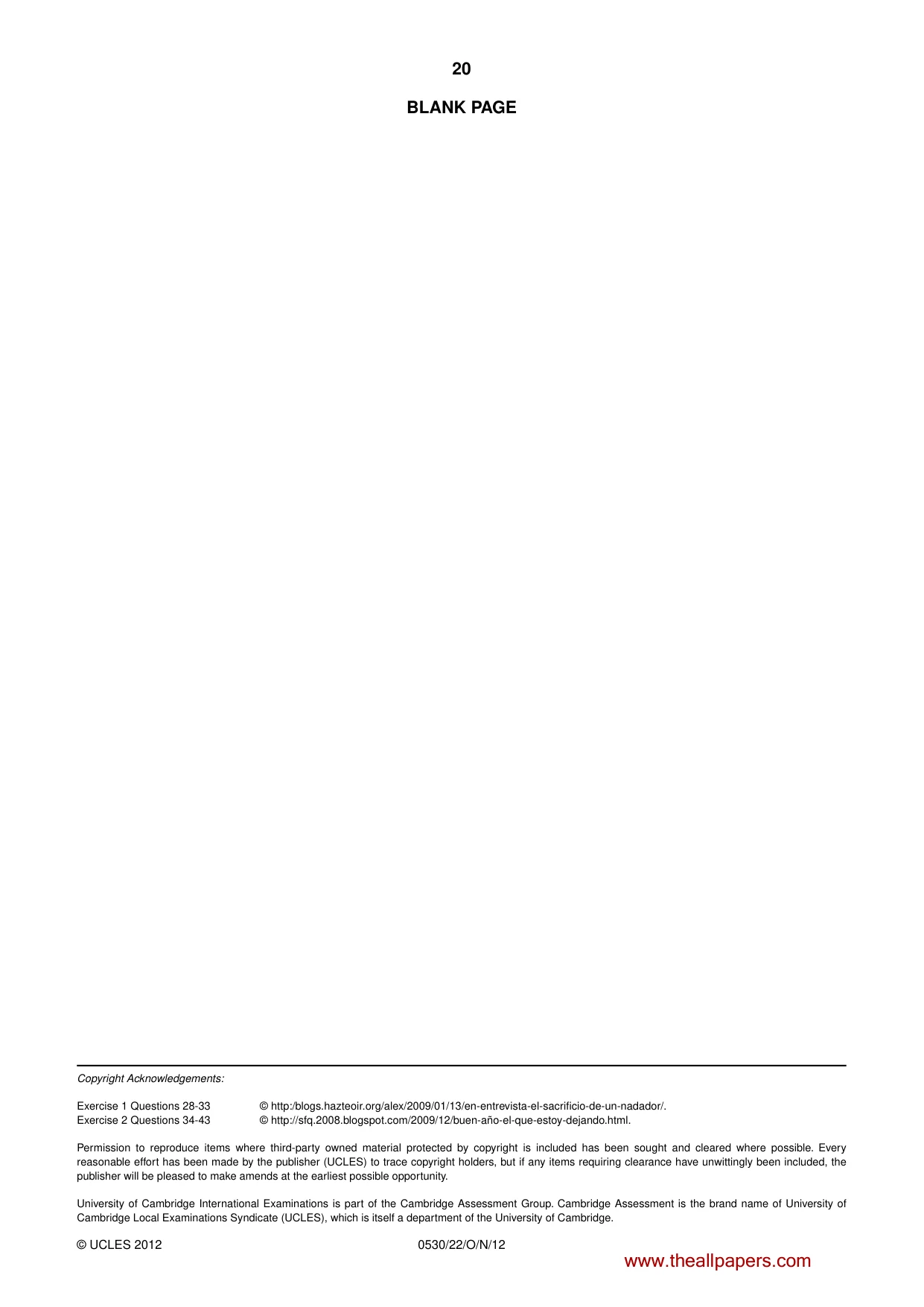 Cambridge IGCSE Spanish - Foreign Language 0530 2012 Oct/Nov Paper 2 · Variant 2 question paper, page 20 of 20